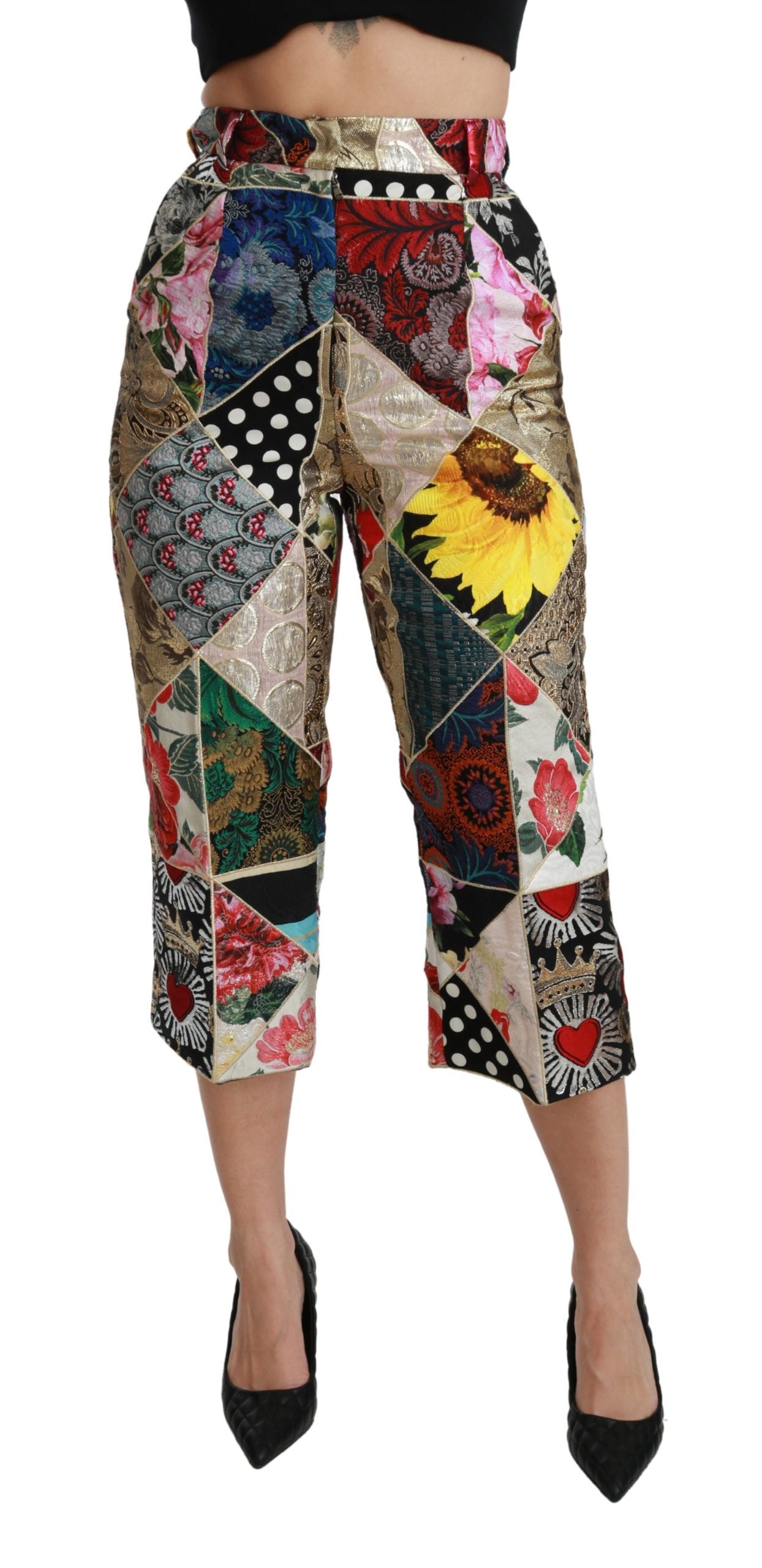 Dolce & Gabbana Silk Multicolor Print High Waist Cropped Women's Pants