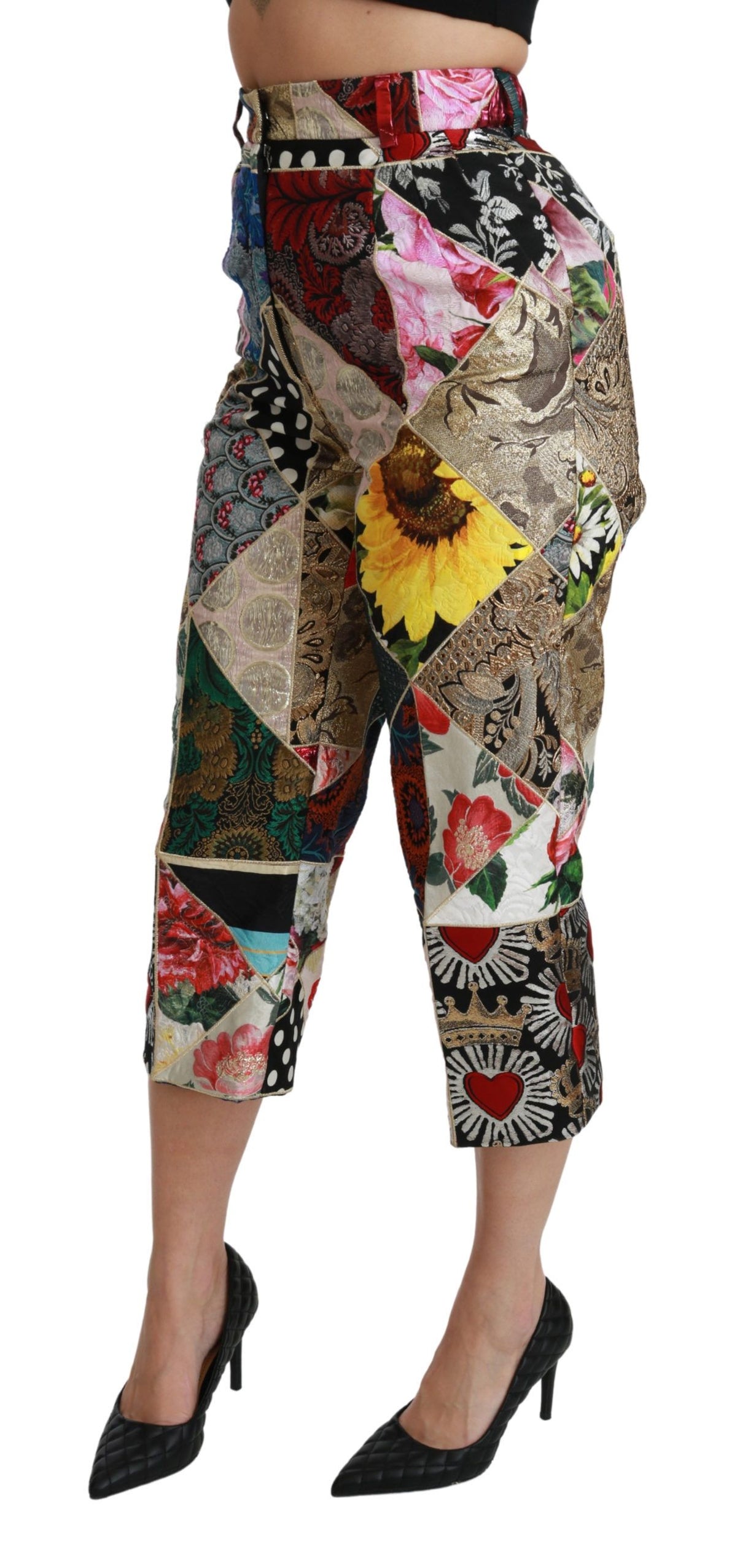 Dolce & Gabbana Silk Multicolor Print High Waist Cropped Women's Pants