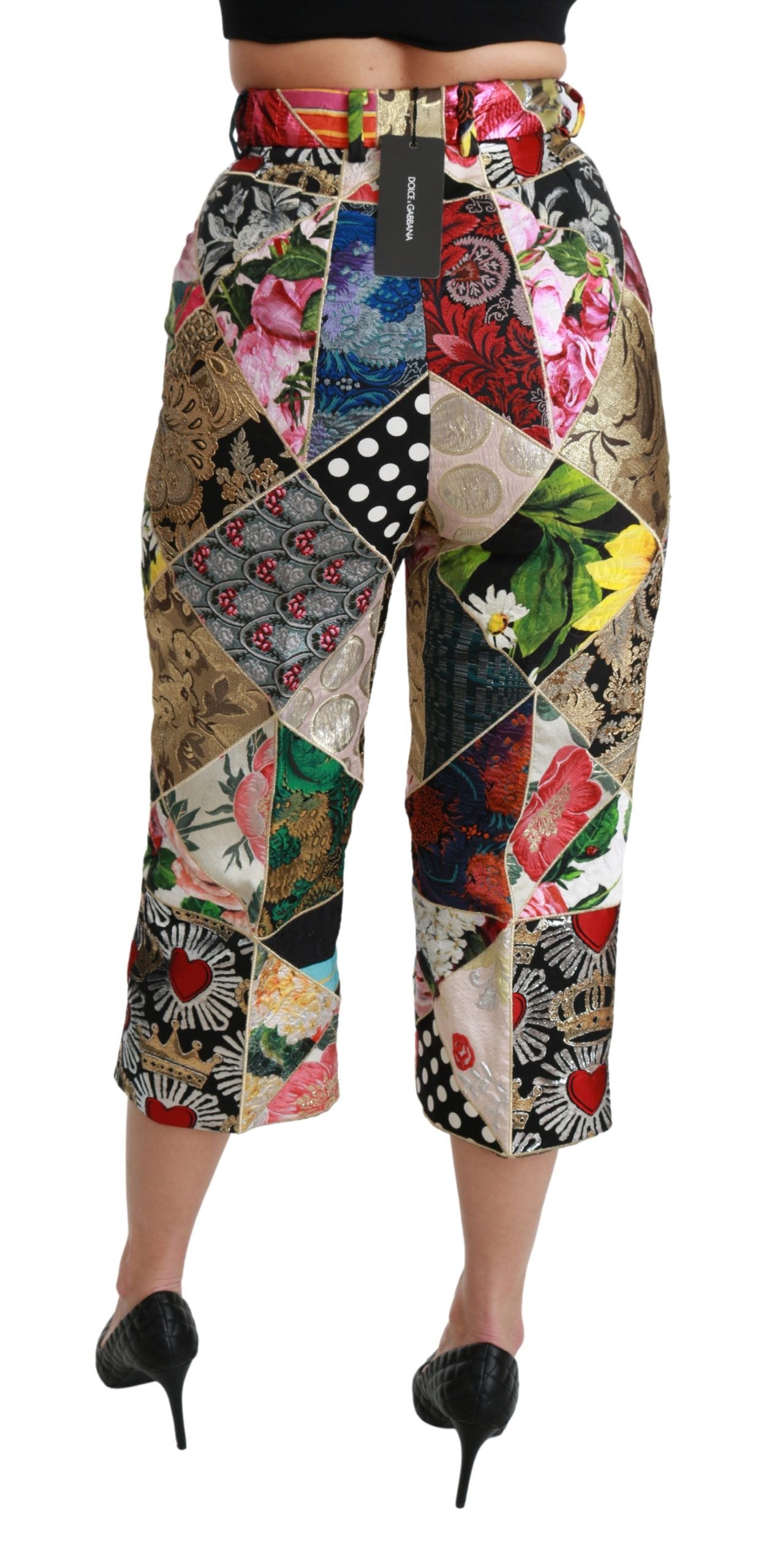 Dolce & Gabbana Silk Multicolor Print High Waist Cropped Women's Pants