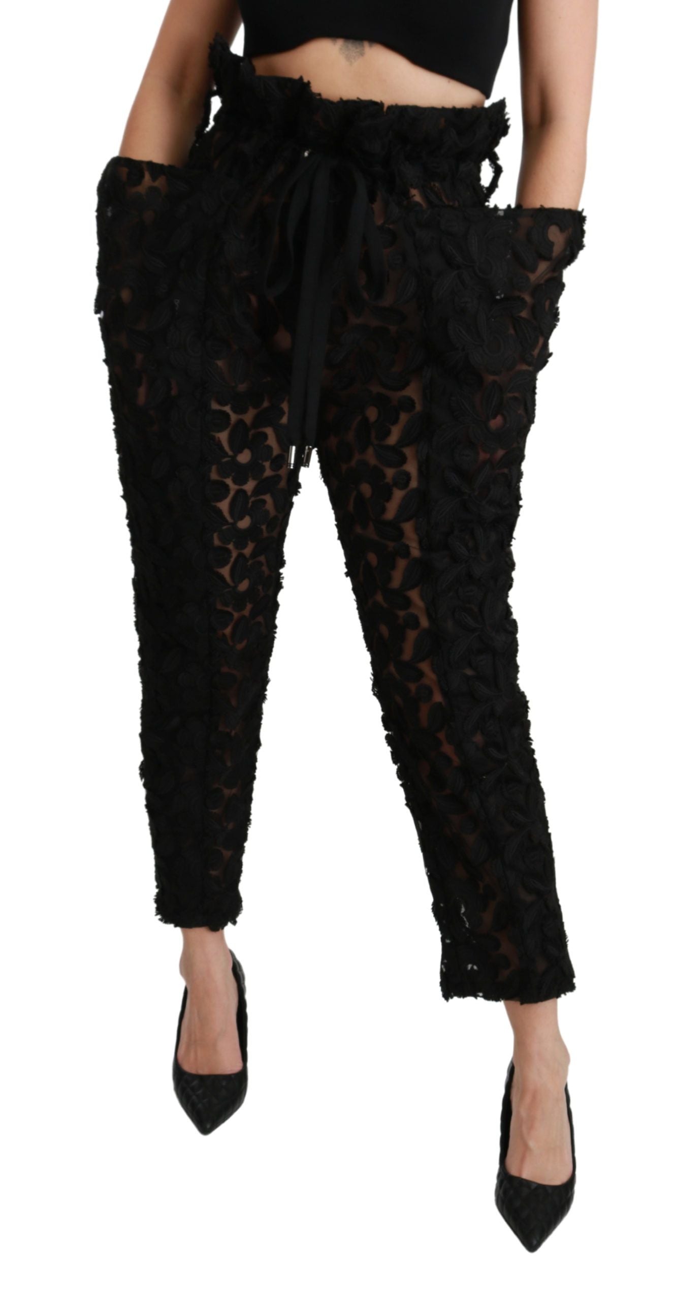 Dolce & Gabbana Black Floral Lace Tapered High Waist Women's Pants