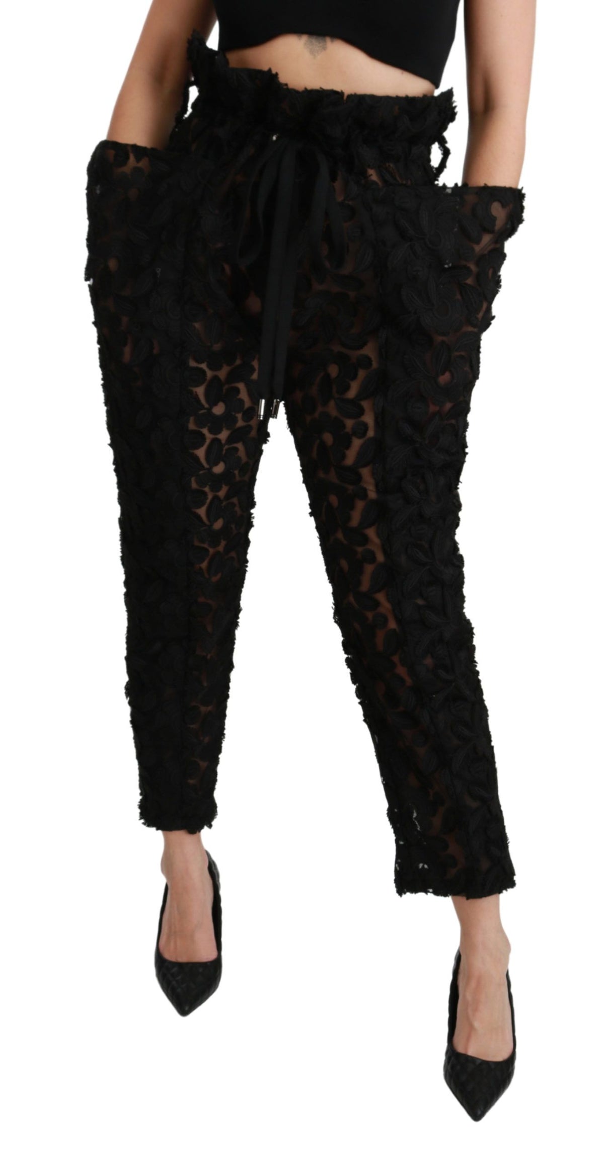 Dolce & Gabbana Black Floral Lace Tapered High Waist Women's Pants