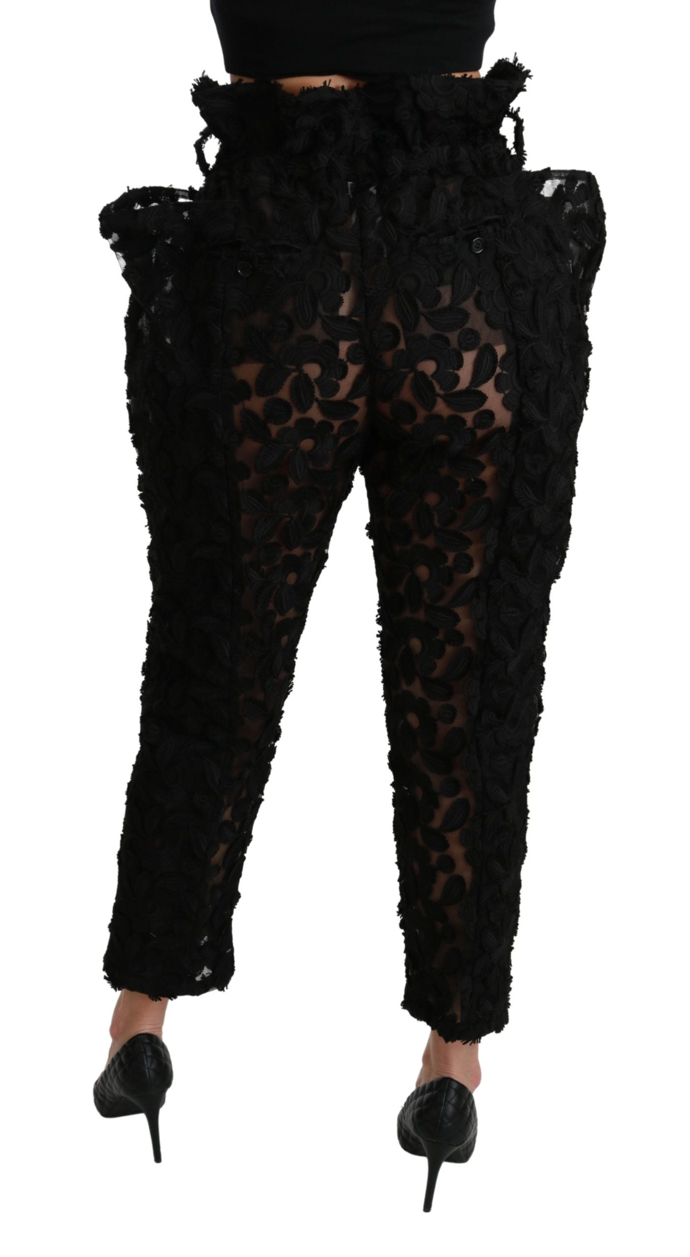 Dolce & Gabbana Black Floral Lace Tapered High Waist Women's Pants
