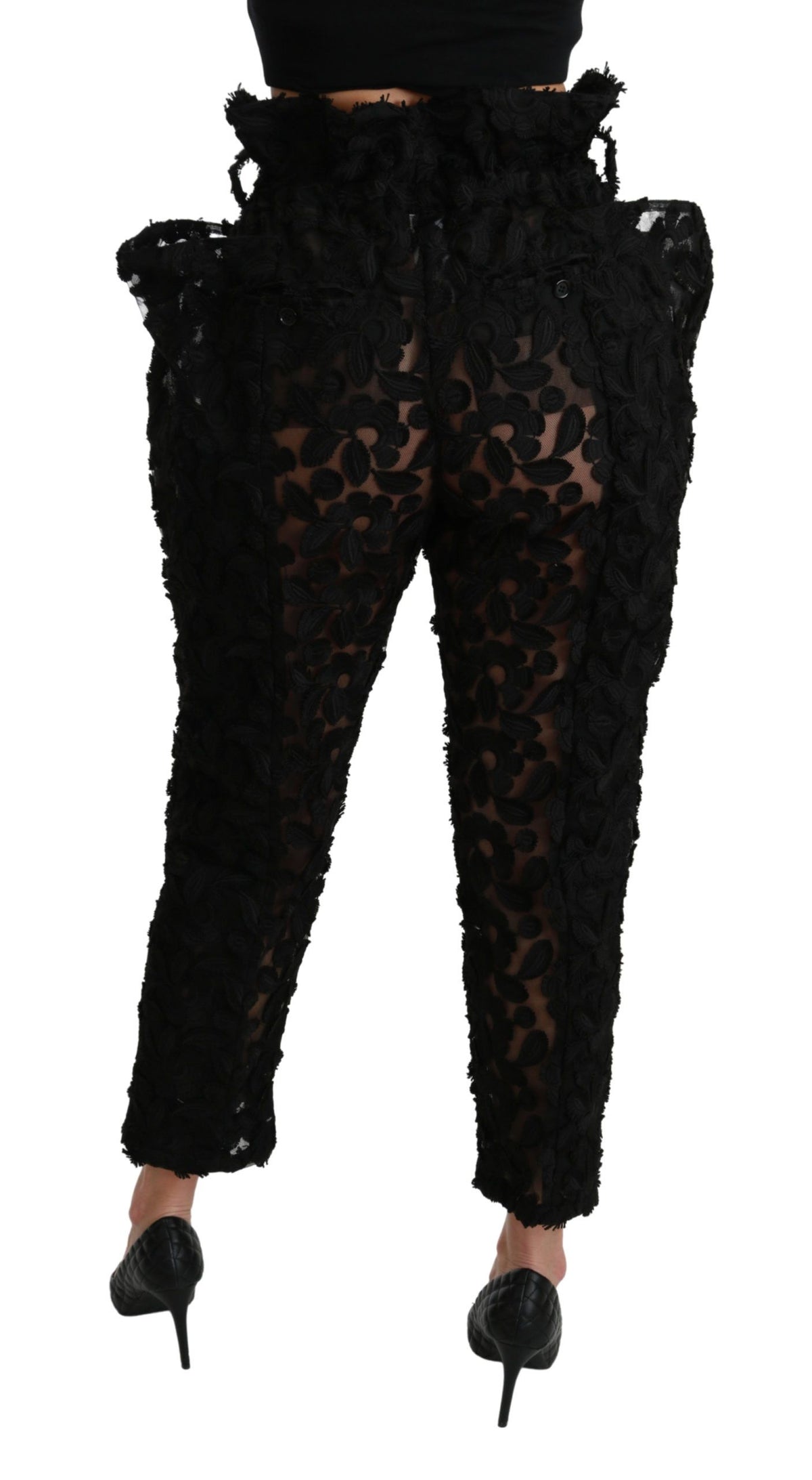 Dolce & Gabbana Black Floral Lace Tapered High Waist Women's Pants