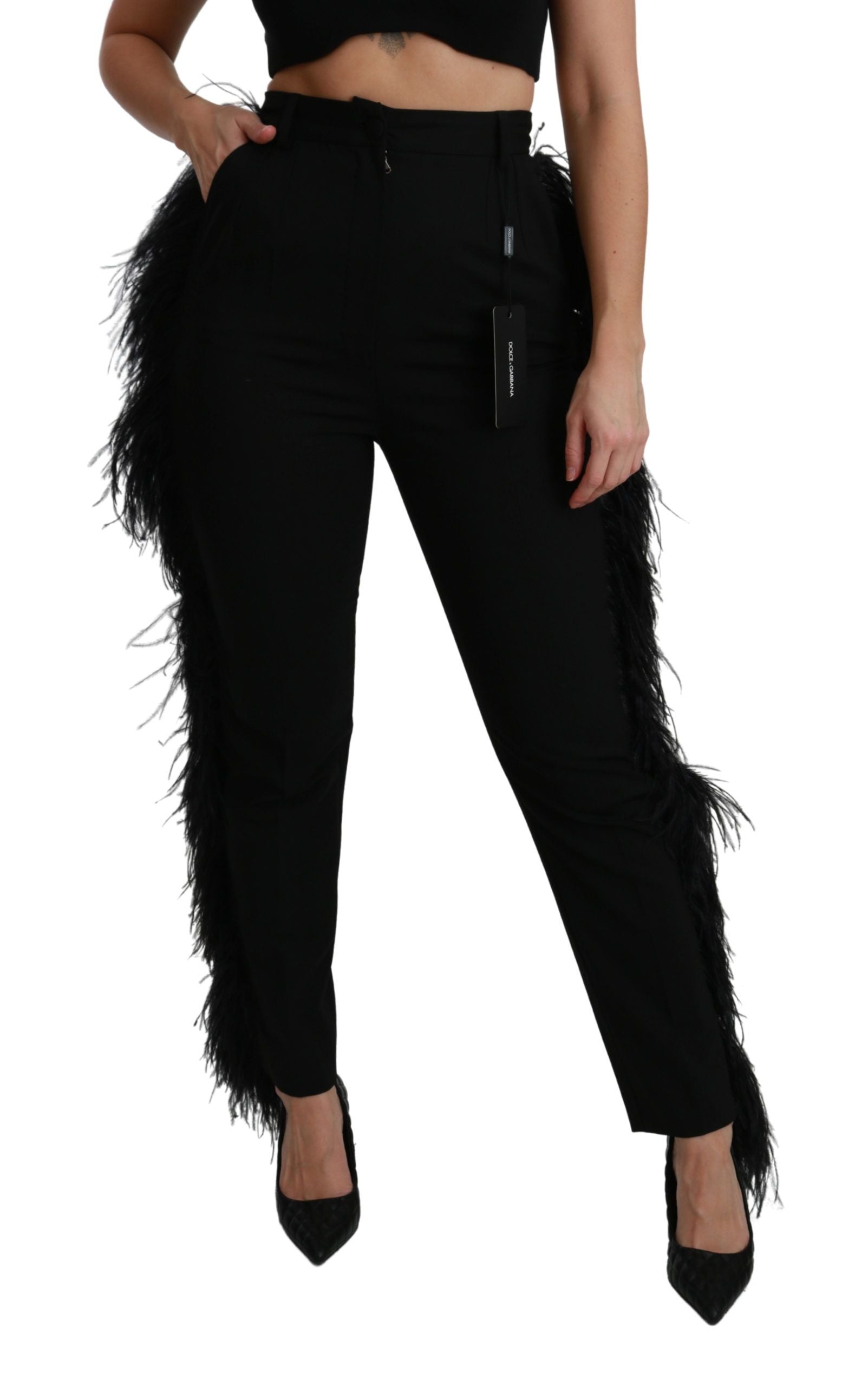 Dolce & Gabbana Black Feather Straight High Waist Wool Women's Pants
