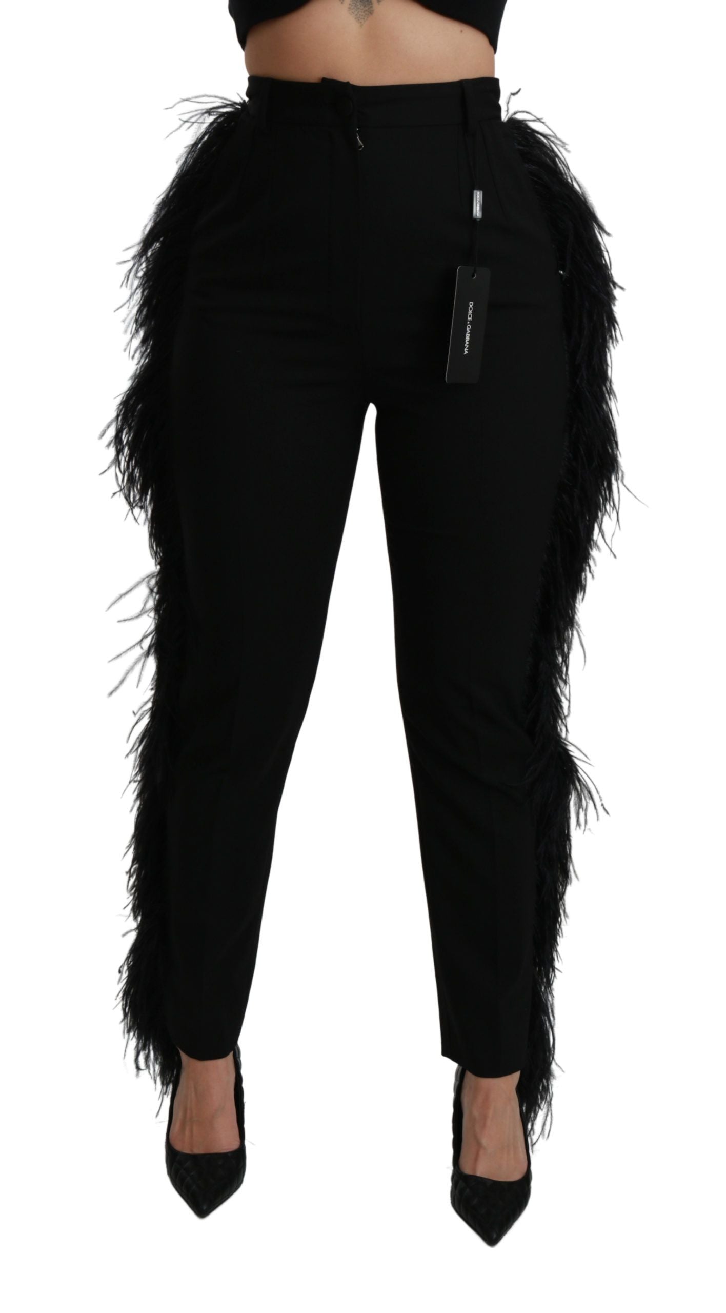 Dolce & Gabbana Black Feather Straight High Waist Wool Women's Pants