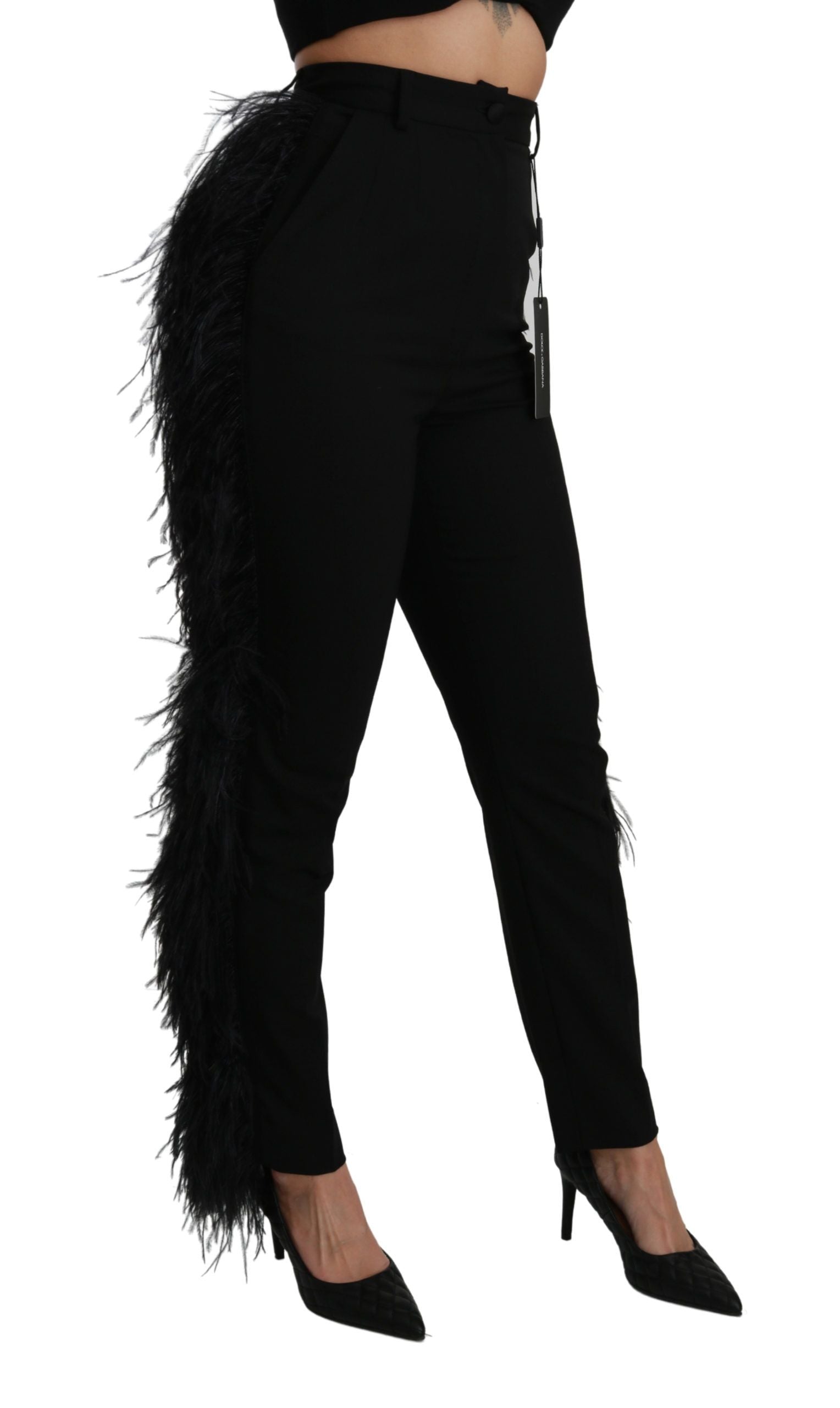 Dolce & Gabbana Black Feather Straight High Waist Wool Women's Pants
