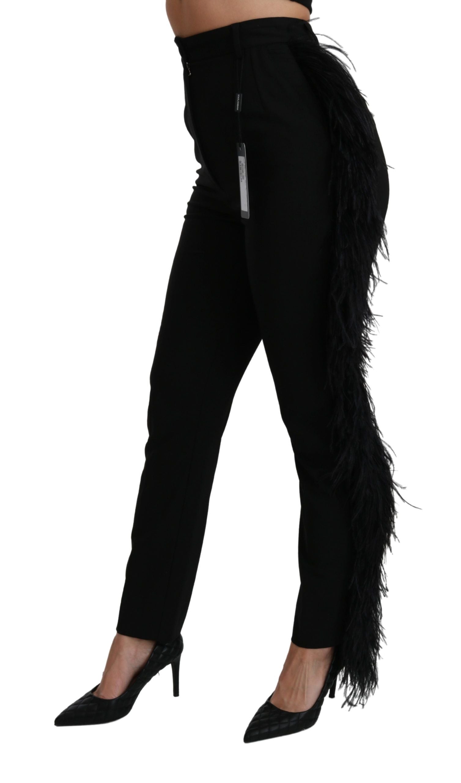 Dolce & Gabbana Black Feather Straight High Waist Wool Women's Pants