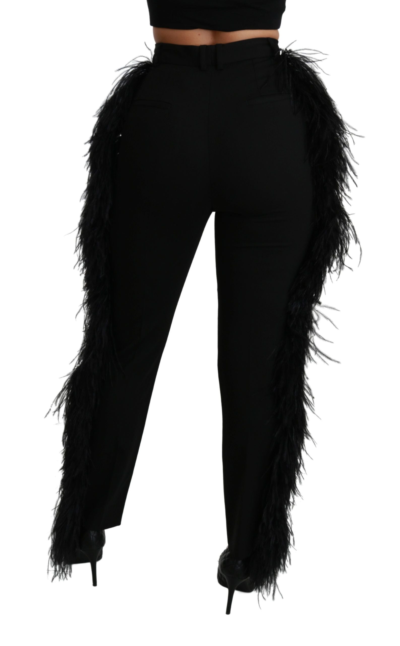 Dolce & Gabbana Black Feather Straight High Waist Wool Women's Pants