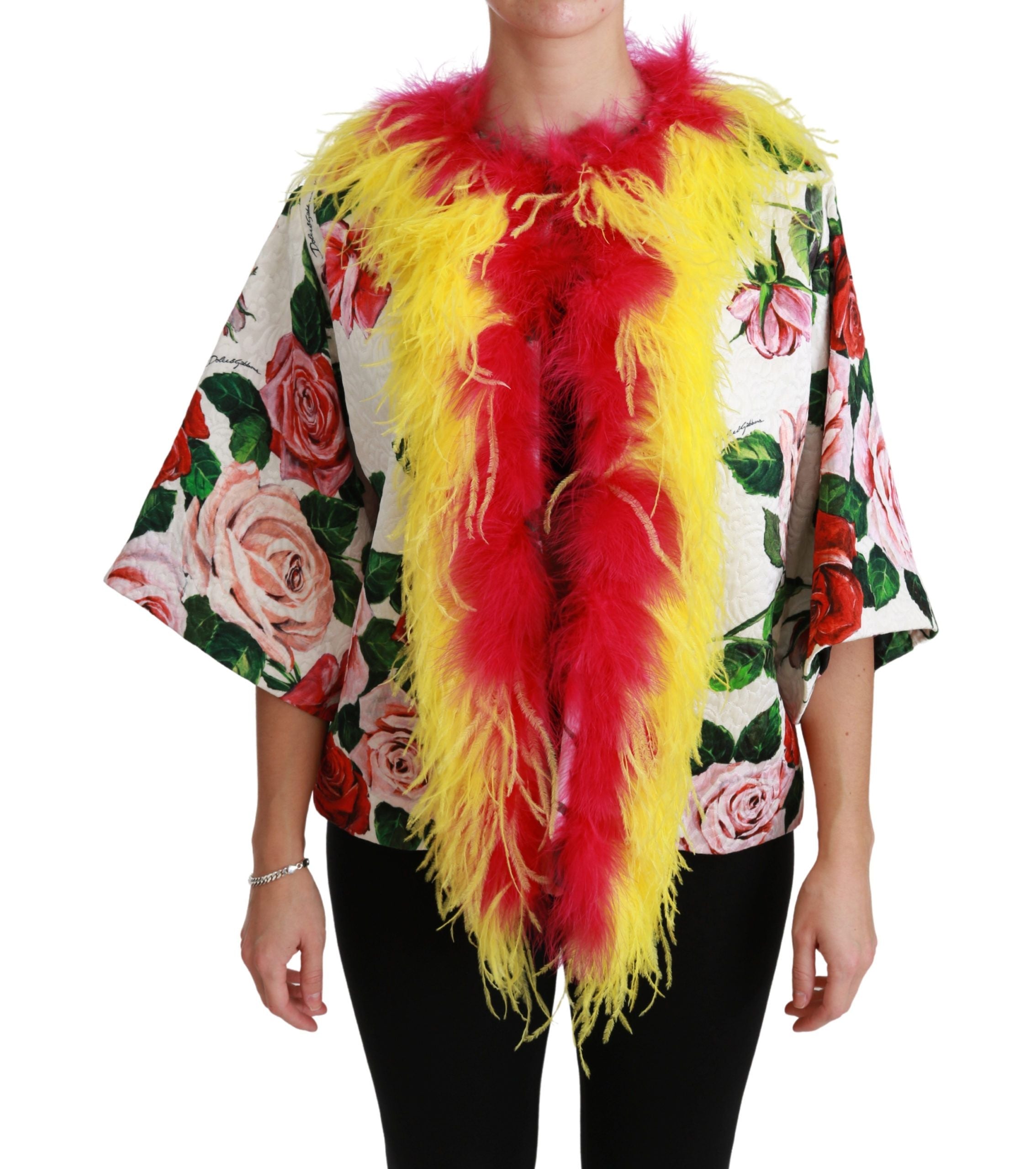 Dolce & Gabbana White Floral Coat Capte Fur Roses Women's Jacket