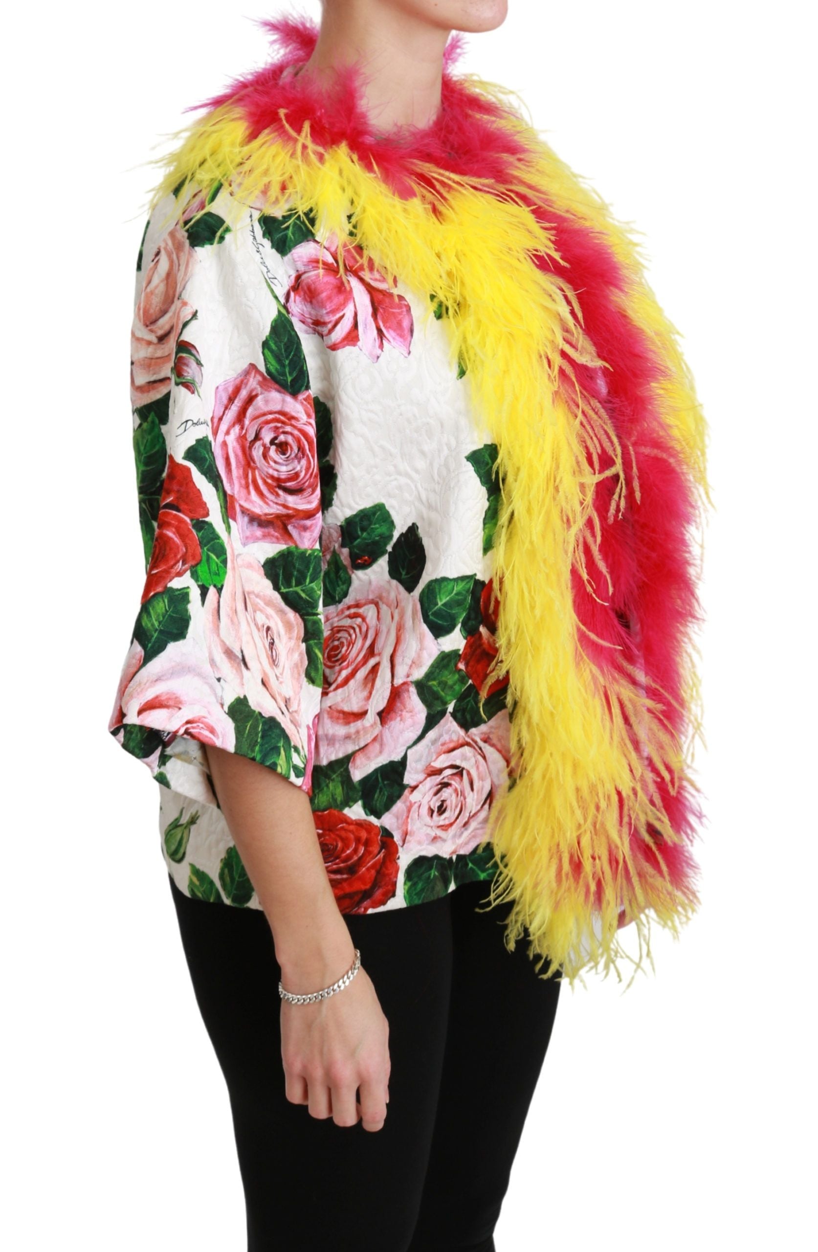 Dolce & Gabbana White Floral Coat Capte Fur Roses Women's Jacket