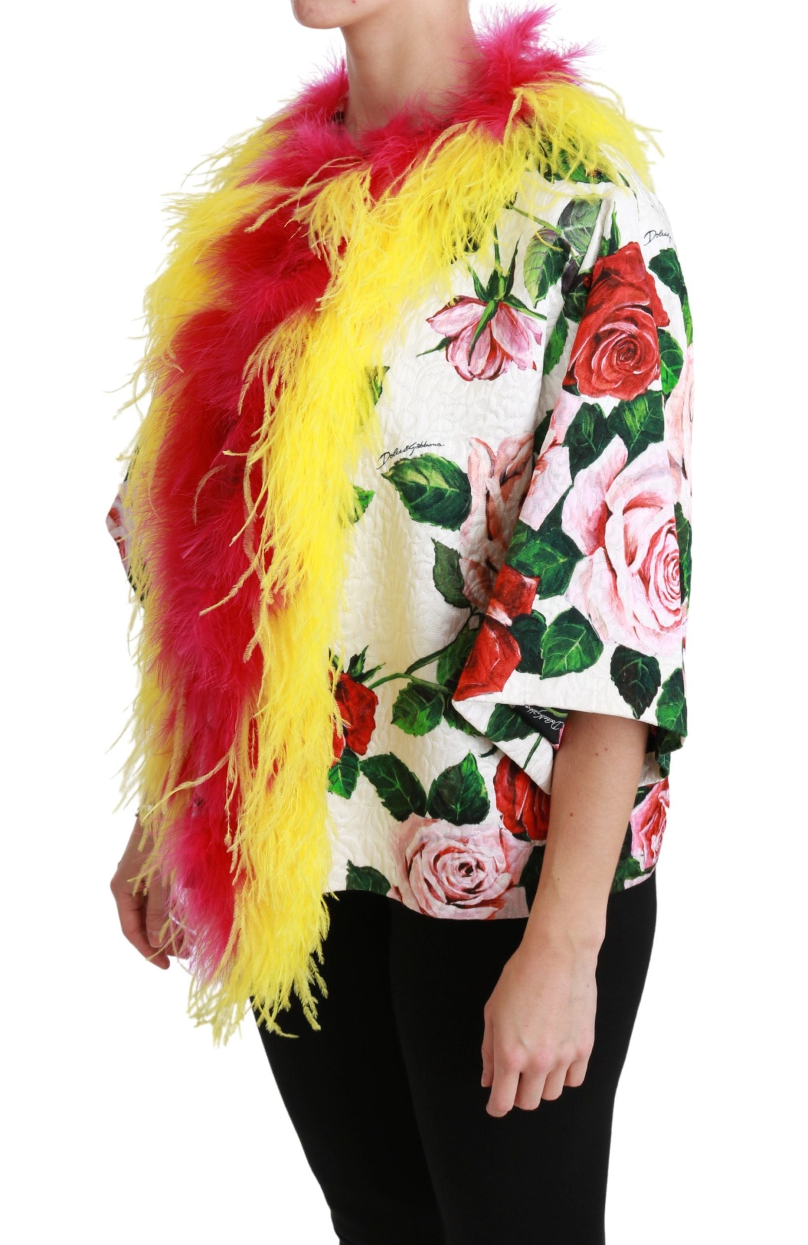 Dolce & Gabbana White Floral Coat Capte Fur Roses Women's Jacket