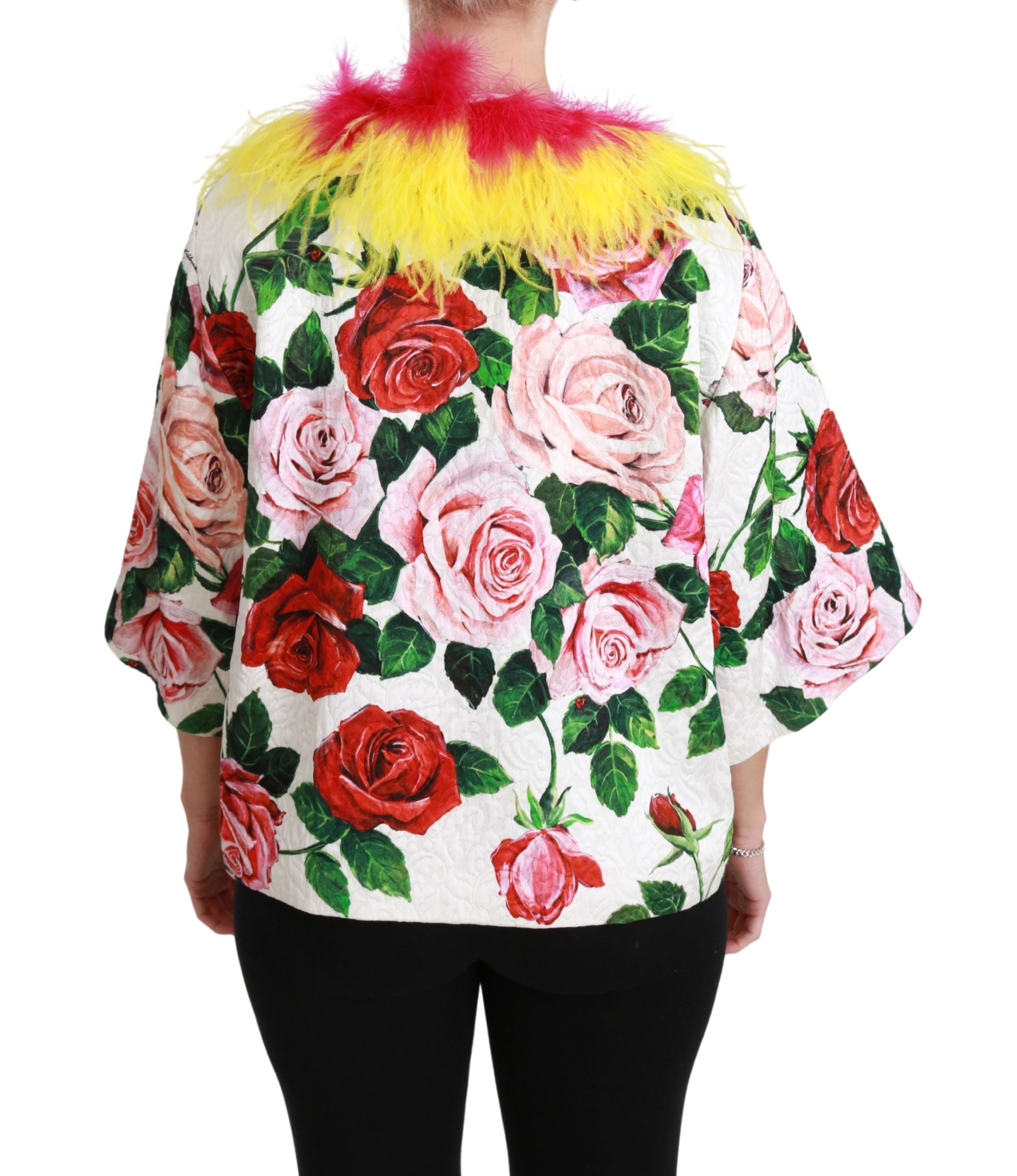 Dolce & Gabbana White Floral Coat Capte Fur Roses Women's Jacket