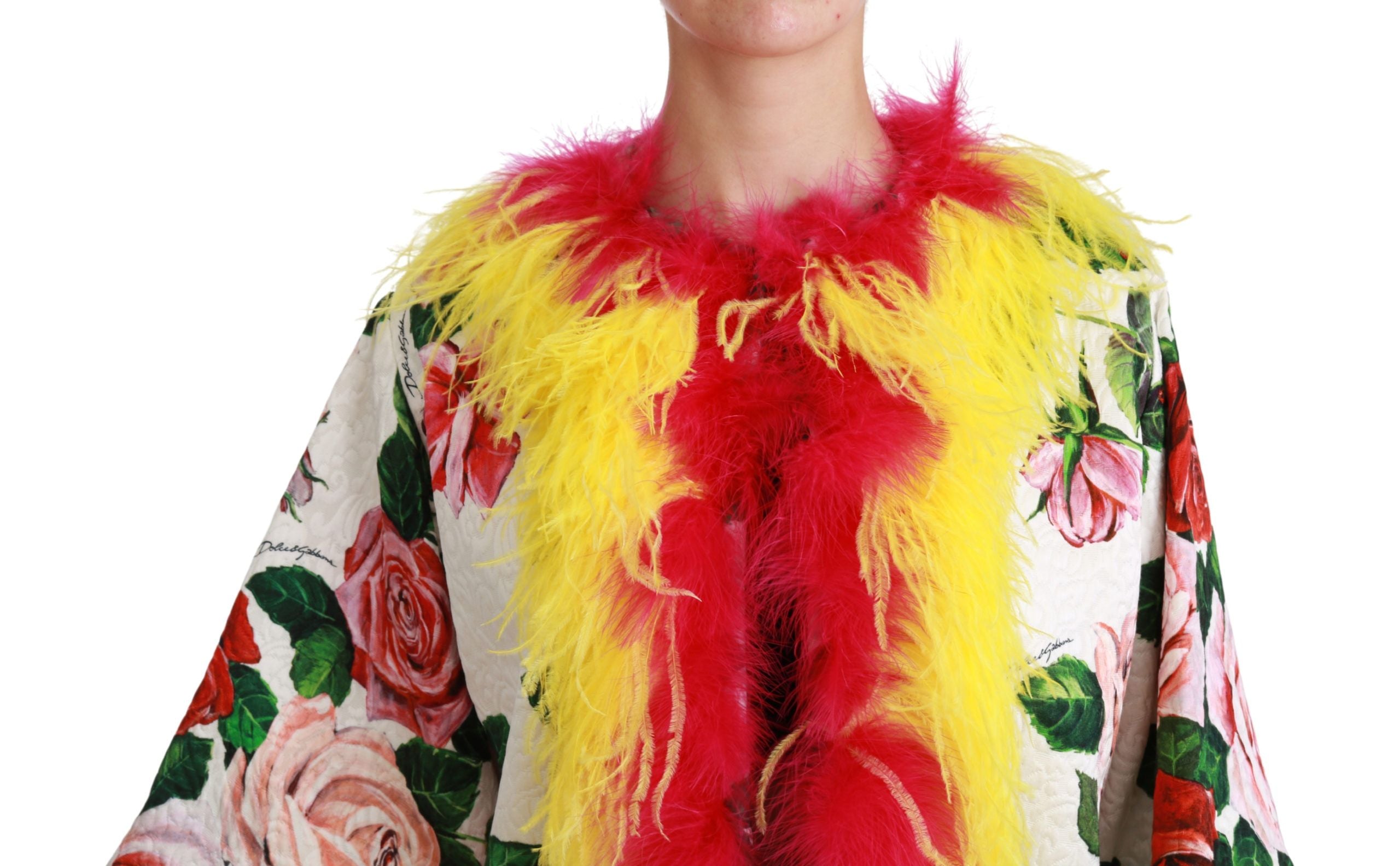 Dolce & Gabbana White Floral Coat Capte Fur Roses Women's Jacket