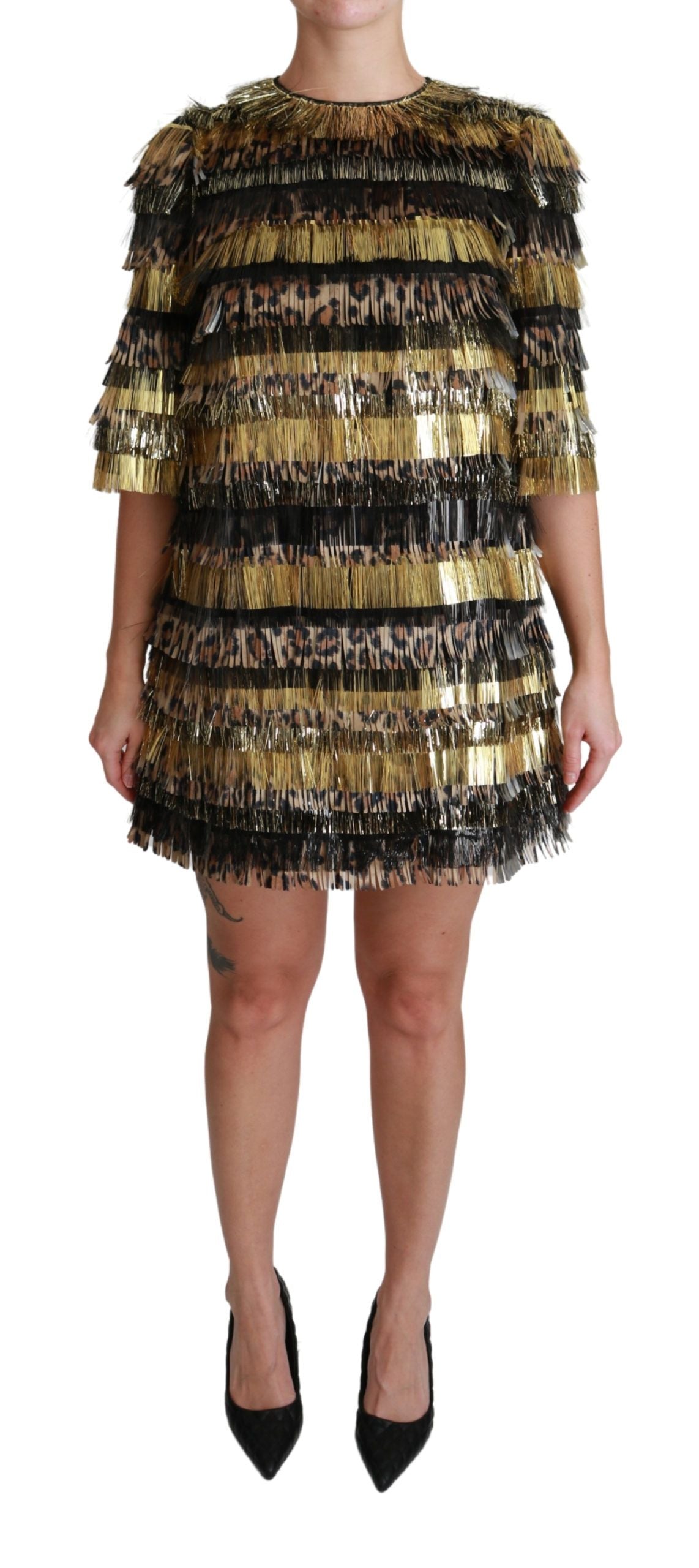 Dolce & Gabbana Polyester Black Gold Leopard Shift Mini Women's Dress