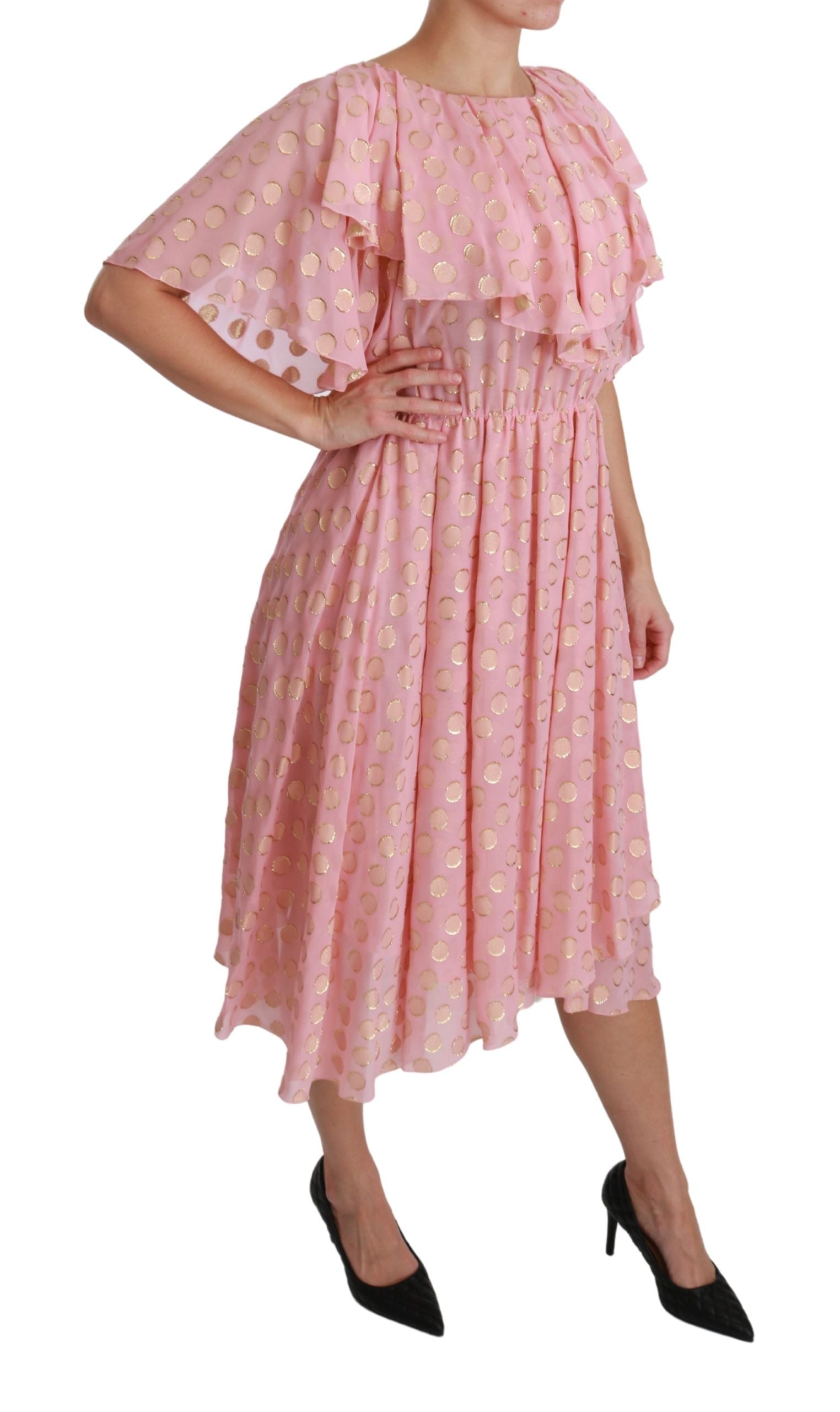 Dolce & Gabbana Silk Pink Polka Dots Pleated A-line Midi Women's Dress
