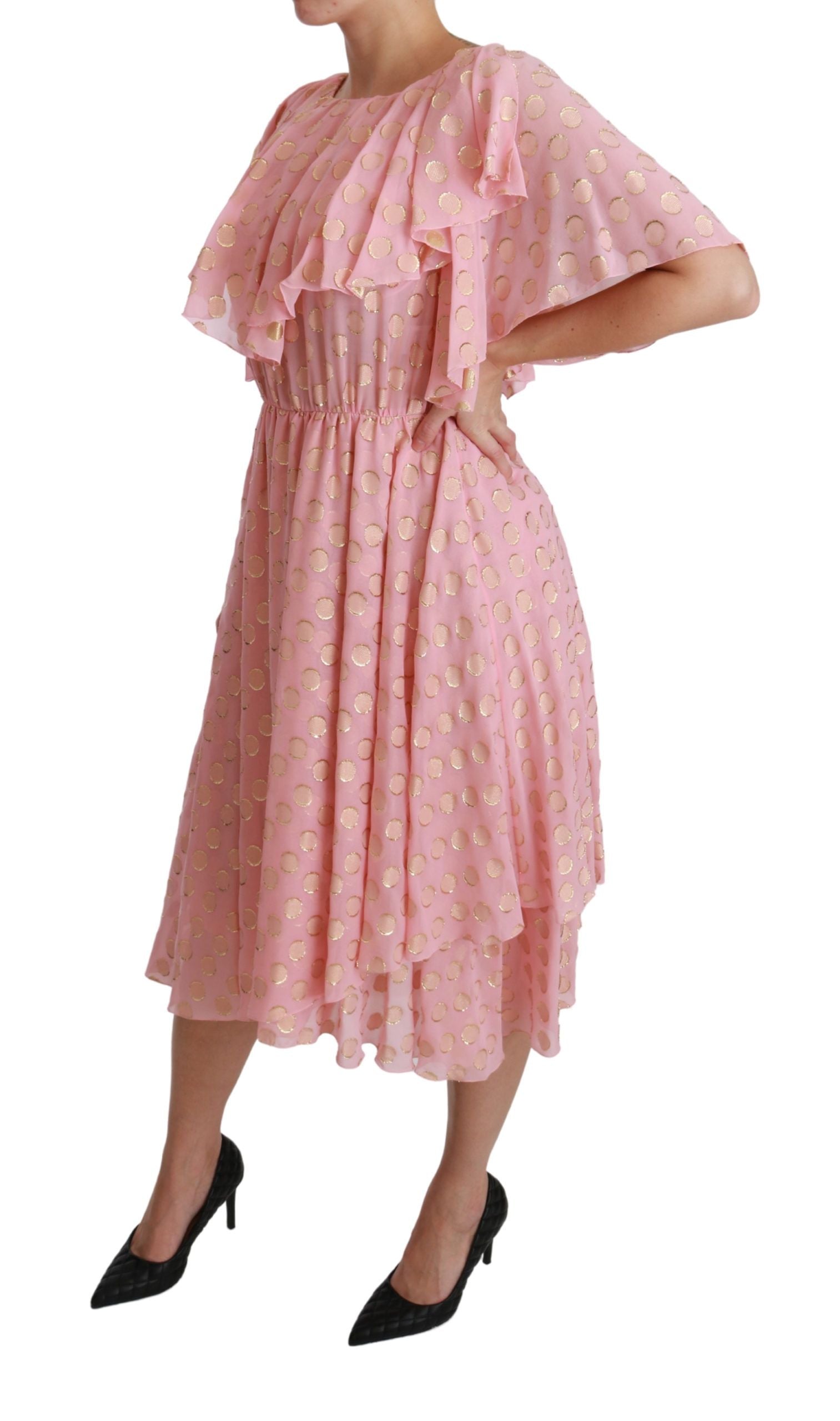 Dolce & Gabbana Silk Pink Polka Dots Pleated A-line Midi Women's Dress