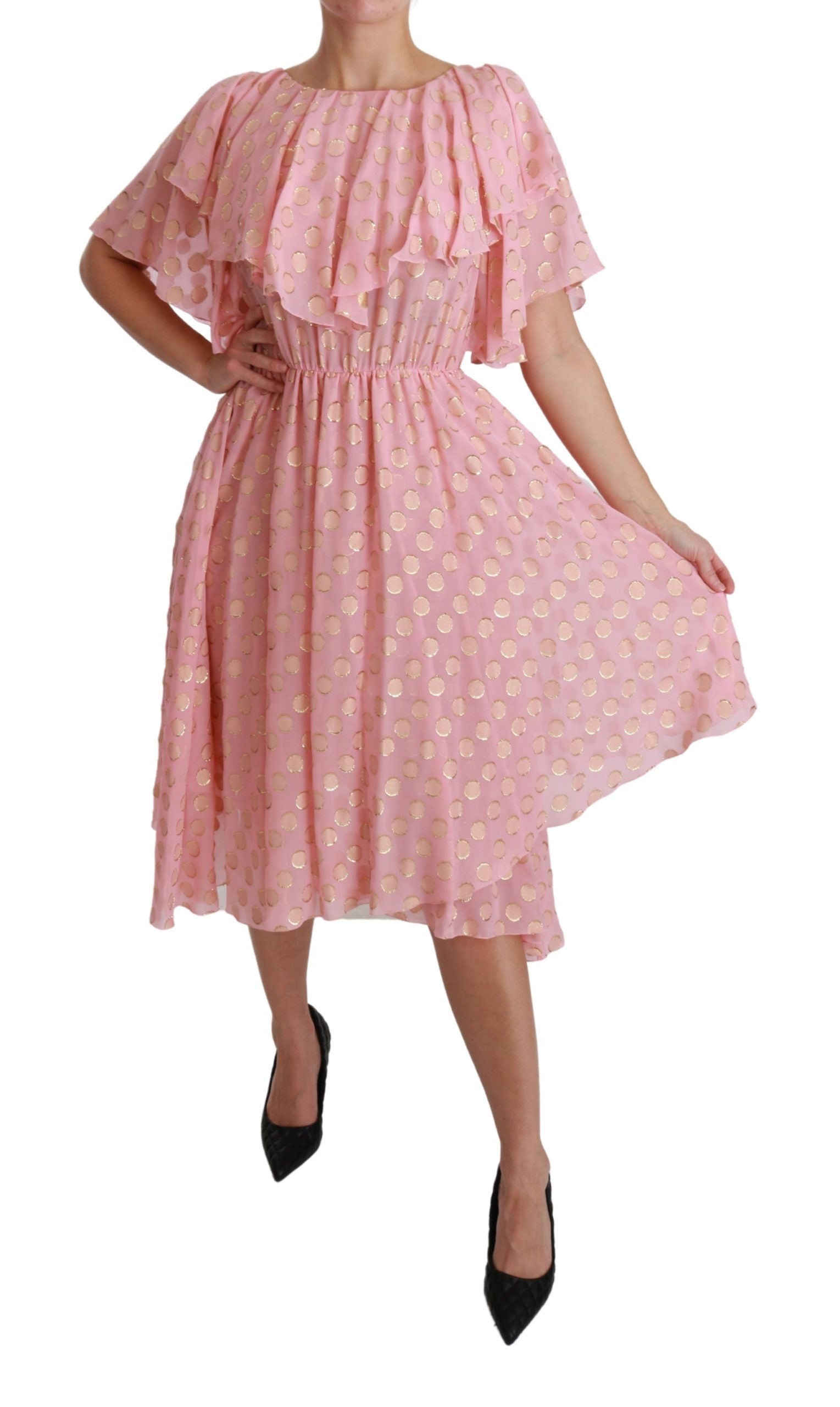 Dolce & Gabbana Silk Pink Polka Dots Pleated A-line Midi Women's Dress