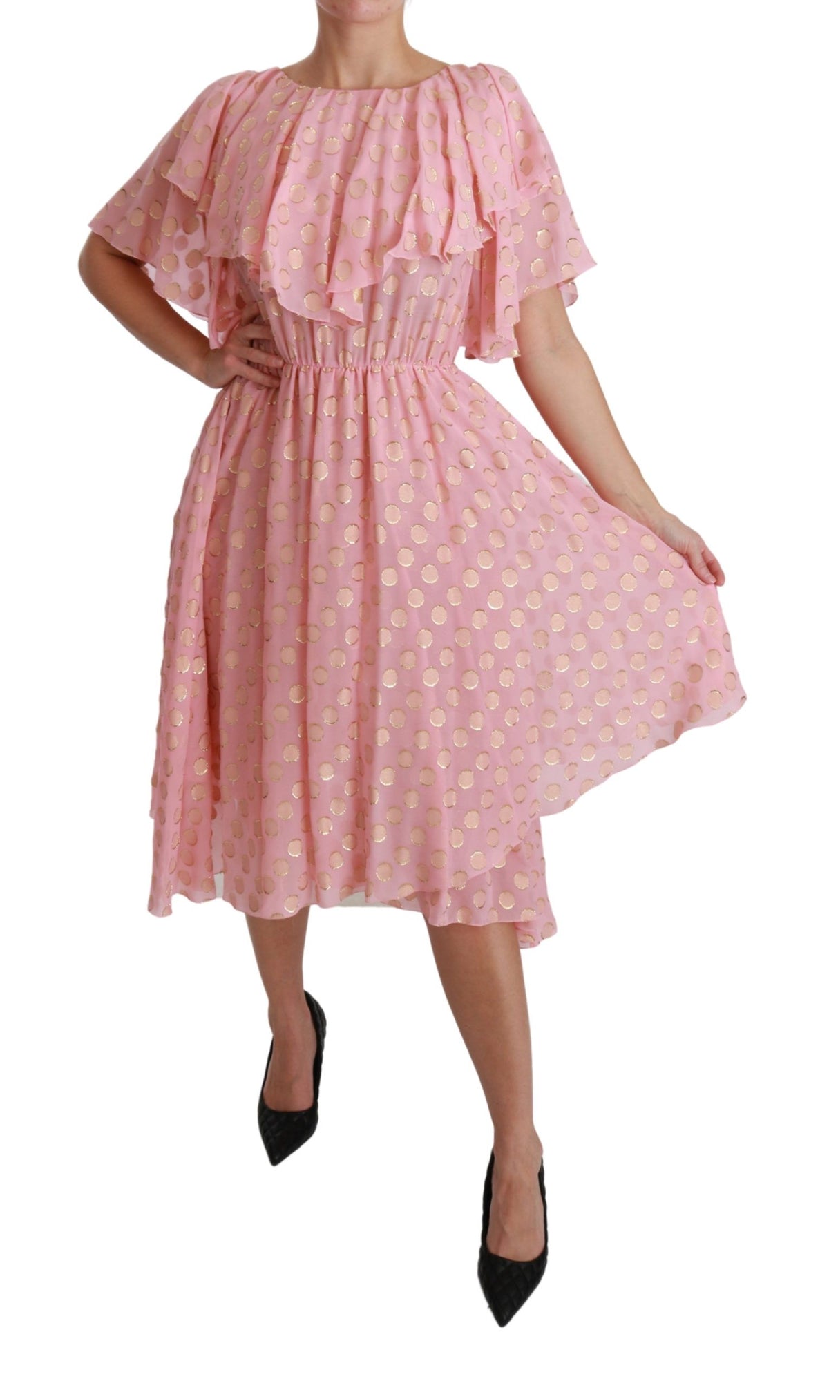 Dolce & Gabbana Silk Pink Polka Dots Pleated A-line Midi Women's Dress