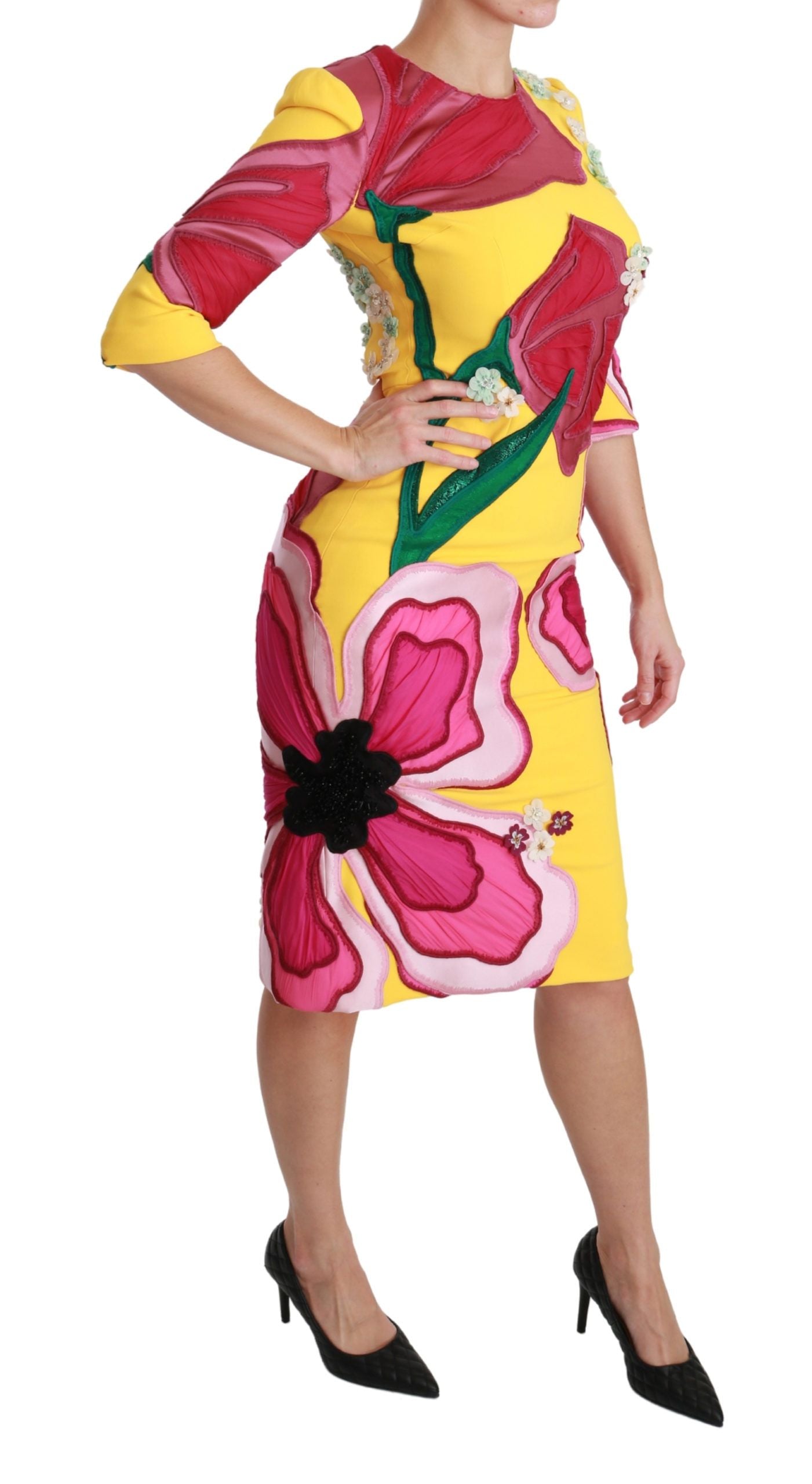Dolce & Gabbana Yellow Floral Crystal Bodycon Sheath Women's Dress