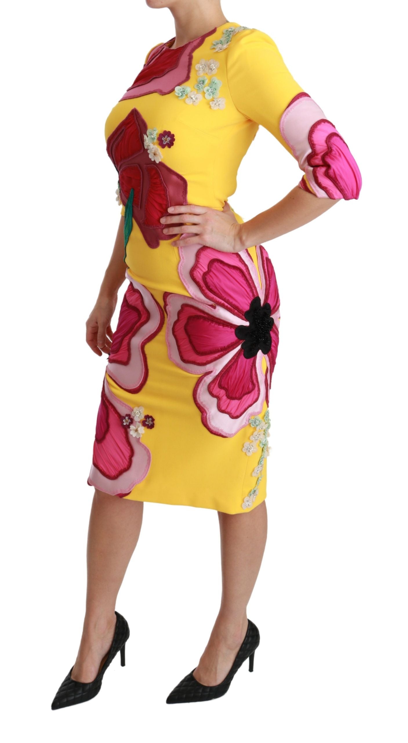 Dolce & Gabbana Yellow Floral Crystal Bodycon Sheath Women's Dress