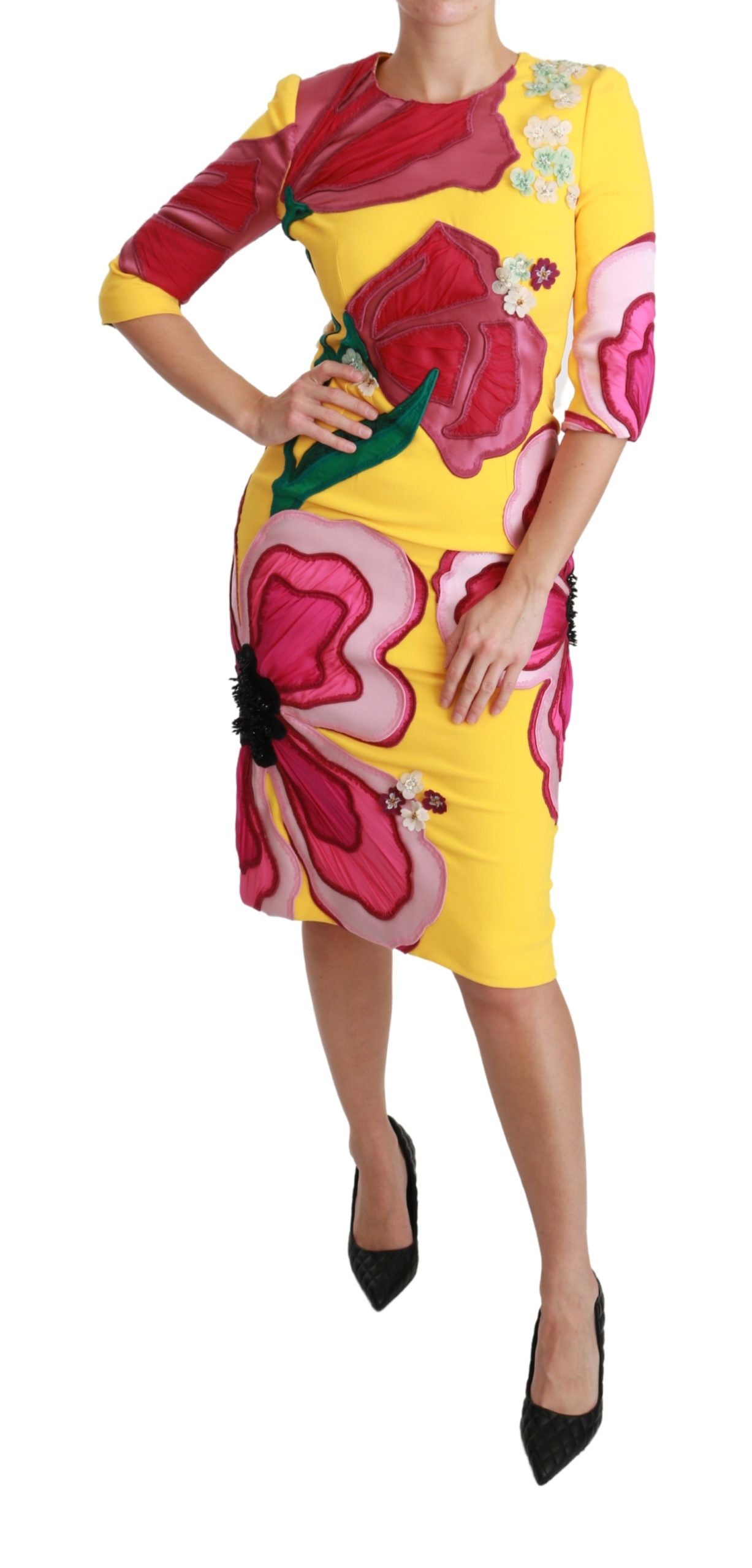 Dolce & Gabbana Yellow Floral Crystal Bodycon Sheath Women's Dress