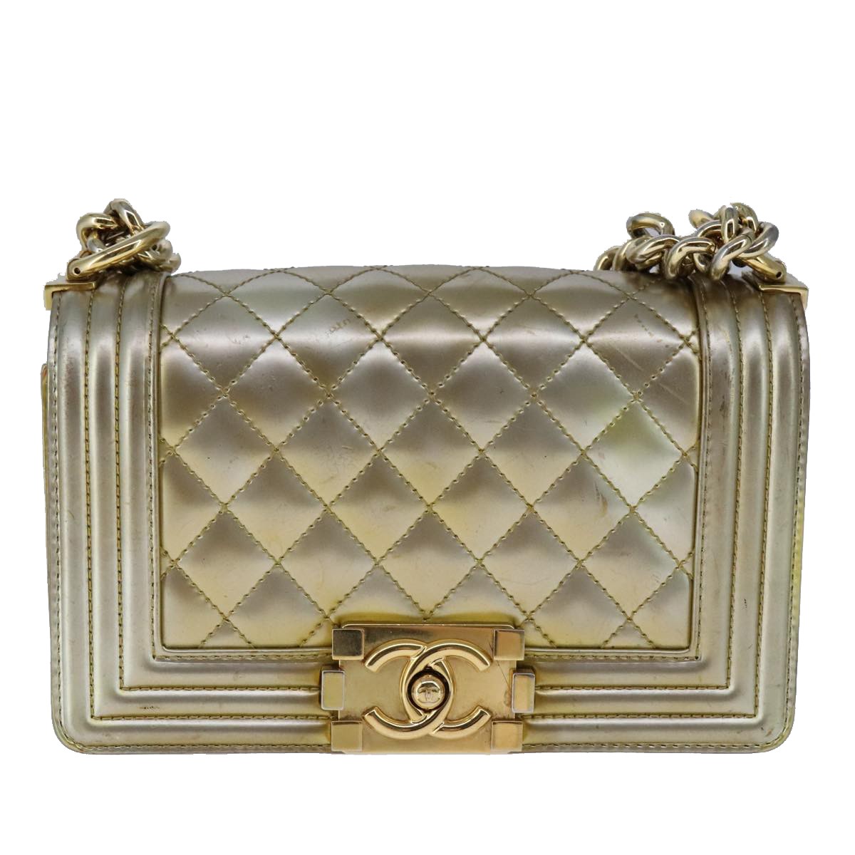 Chanel Boy Flap Quilted Patent Gold Patent_Leather Shoulder Bag Bag (Pre-Owned)