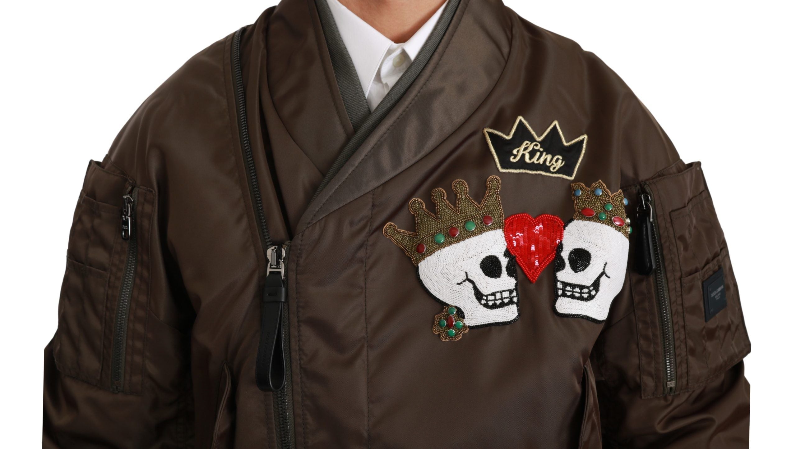 Dolce & Gabbana Brown Beaded Crown Skull Logo Men's Jacket