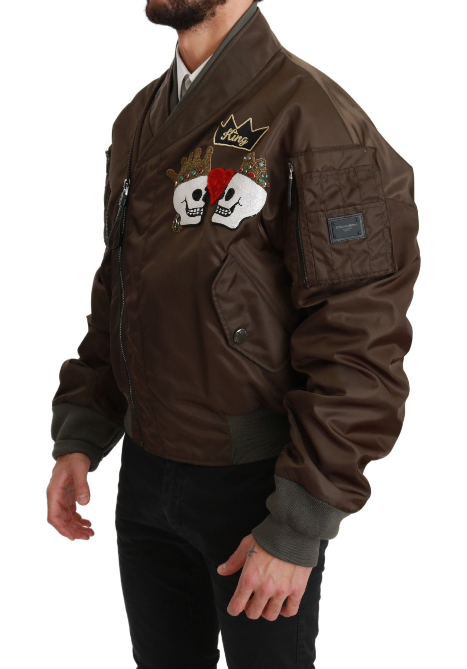 Dolce & Gabbana Brown Beaded Crown Skull Logo Men's Jacket