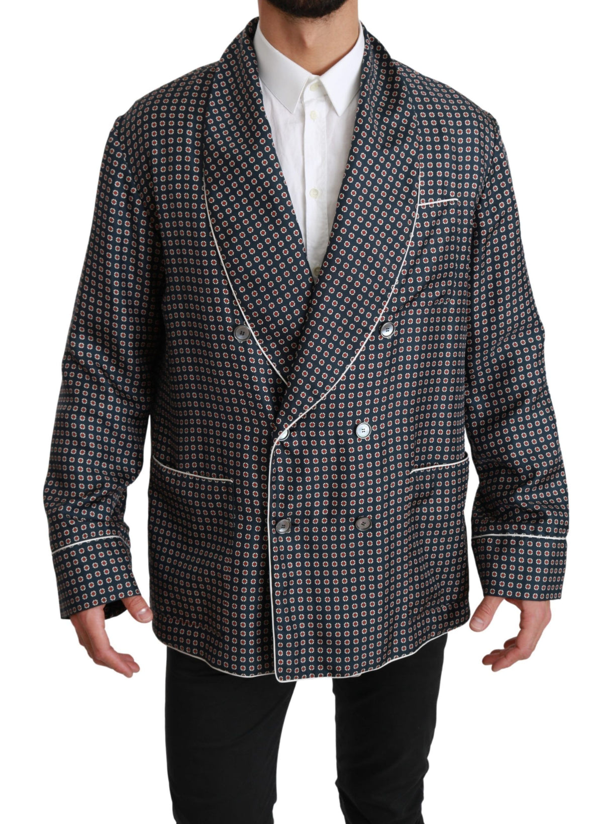 Dolce & Gabbana Navy Blue Patterned Double Breasted Coat Men's Jacket
