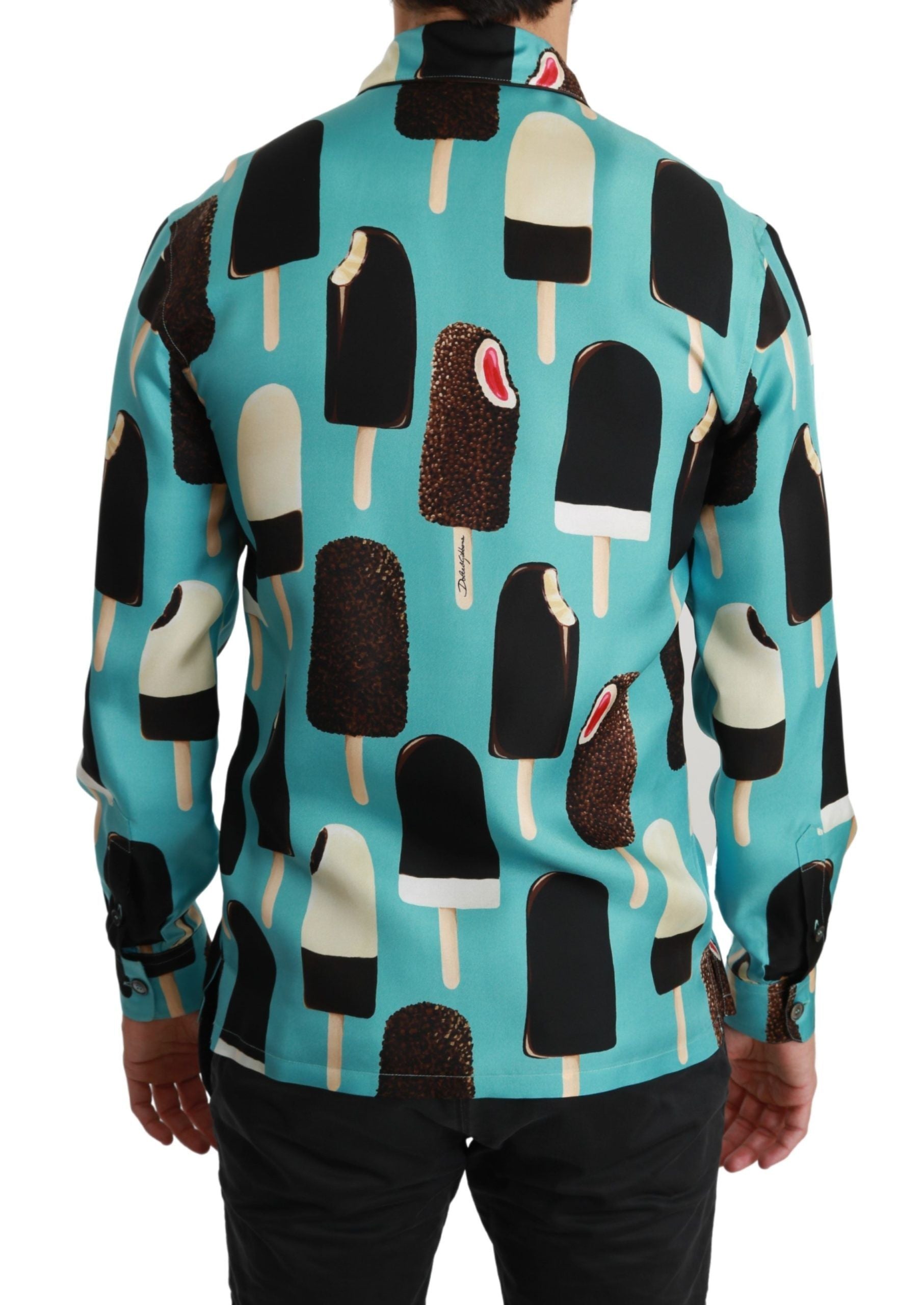 Dolce & Gabbana Blue Silk Ice Cream Print Casual Men's Shirt