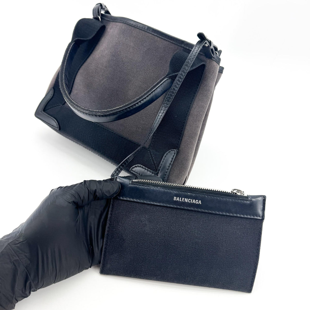 Balenciaga Navy Cabas Canvas With Leather Black Canvas Tote Bag Bag (Pre-Owned)