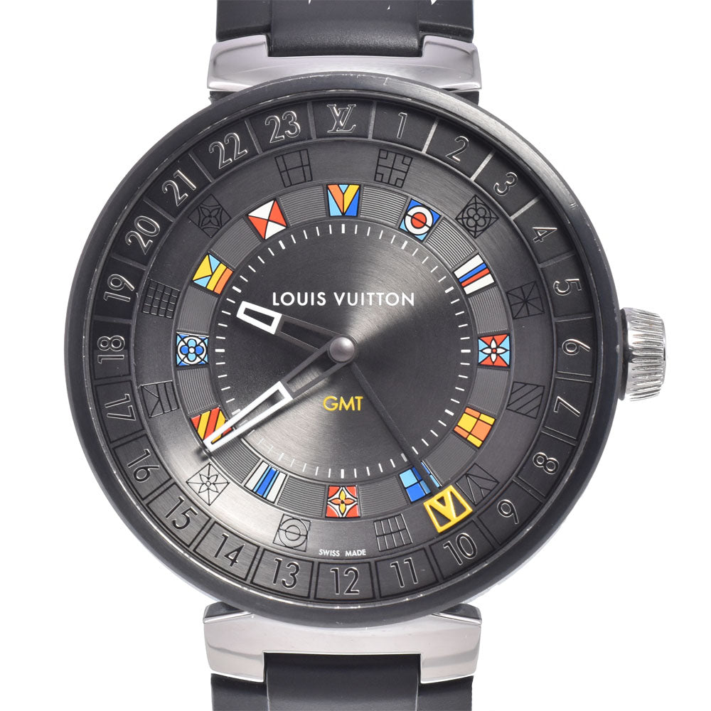 Louis Vuitton Tambour Moon Dual Time Quartz Stainless Steel With Diamond Lugs And Markers And Leather Watch (Pre-Owned)