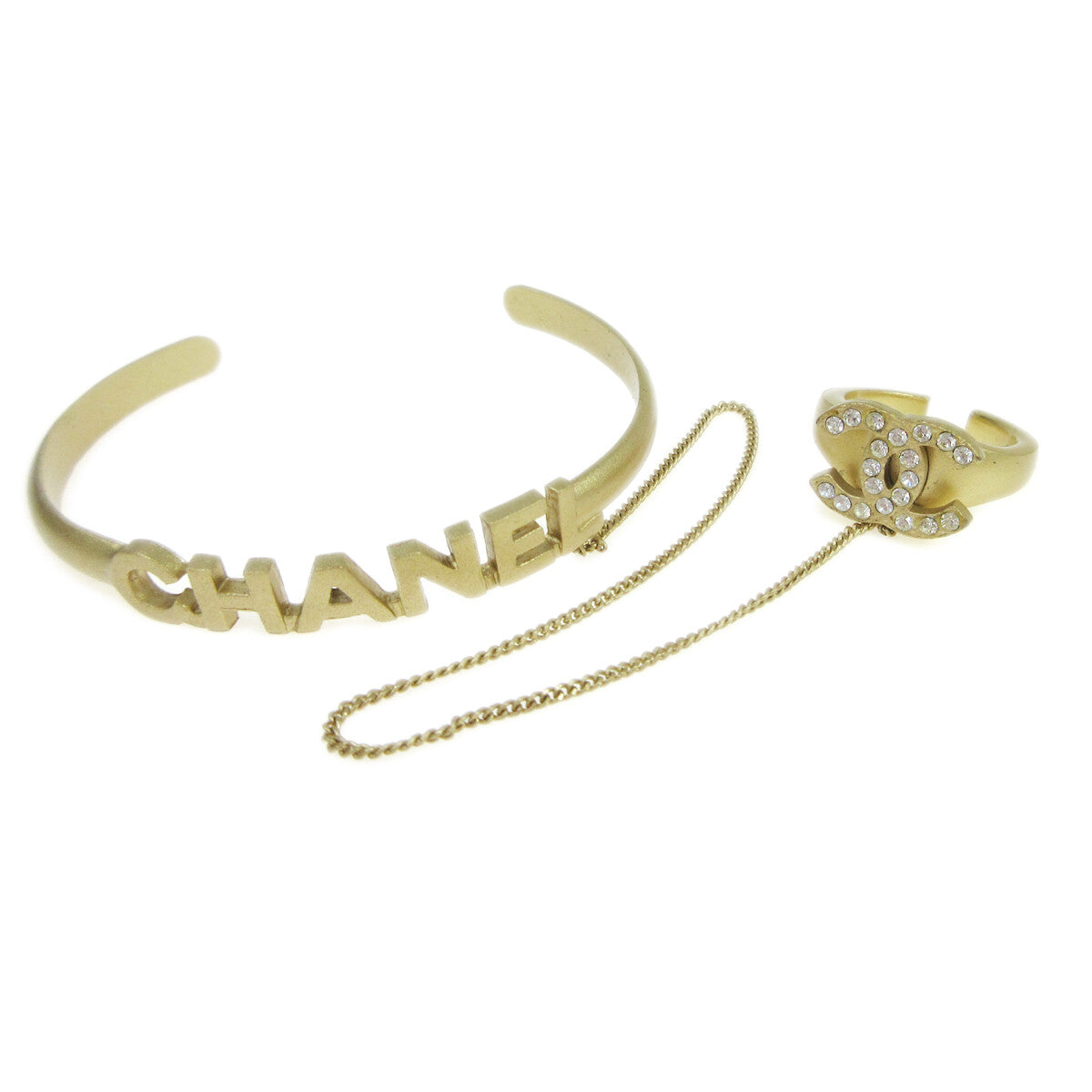 Chanel Logo Cuff With Cc Metal With Crystal Gold Gold Bracelet Jewelry (Pre-Owned)