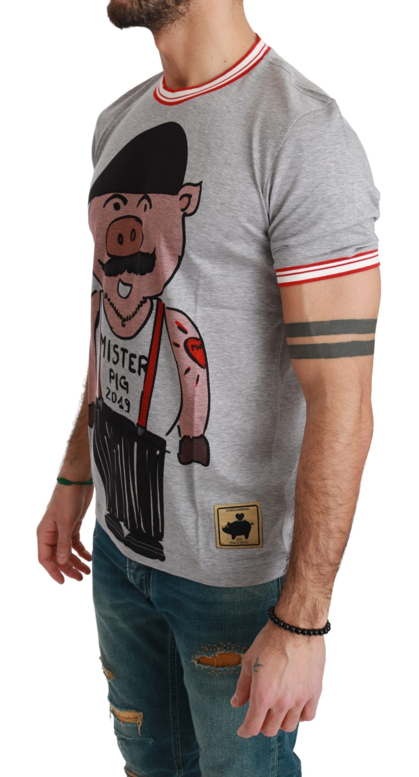 Dolce & Gabbana Chic Gray Cotton T-Shirt with Year of the Pig Men's Motive