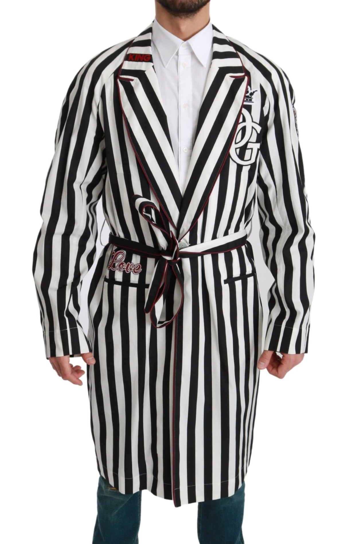 Dolce & Gabbana Black Coat Nightgown White Cotton Men's Robe