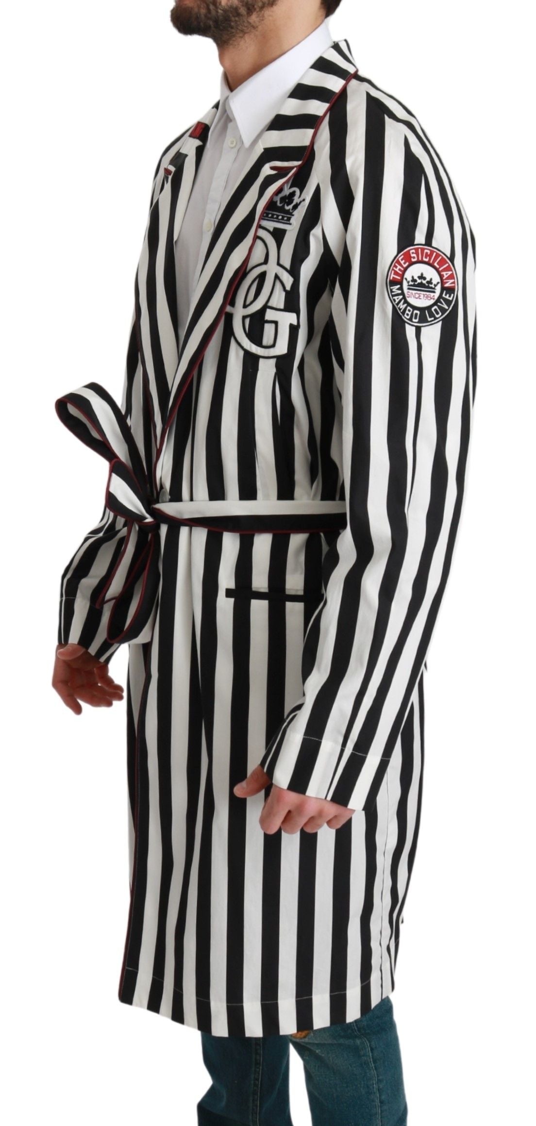 Dolce & Gabbana Black Coat Nightgown White Cotton Men's Robe
