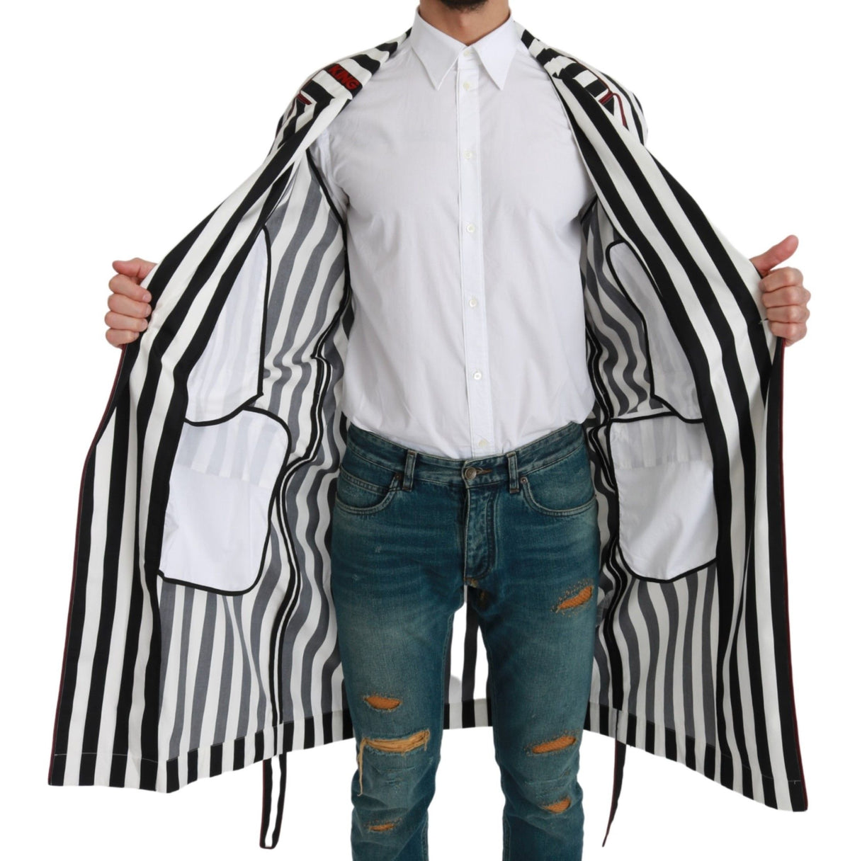 Dolce & Gabbana Black Coat Nightgown White Cotton Men's Robe