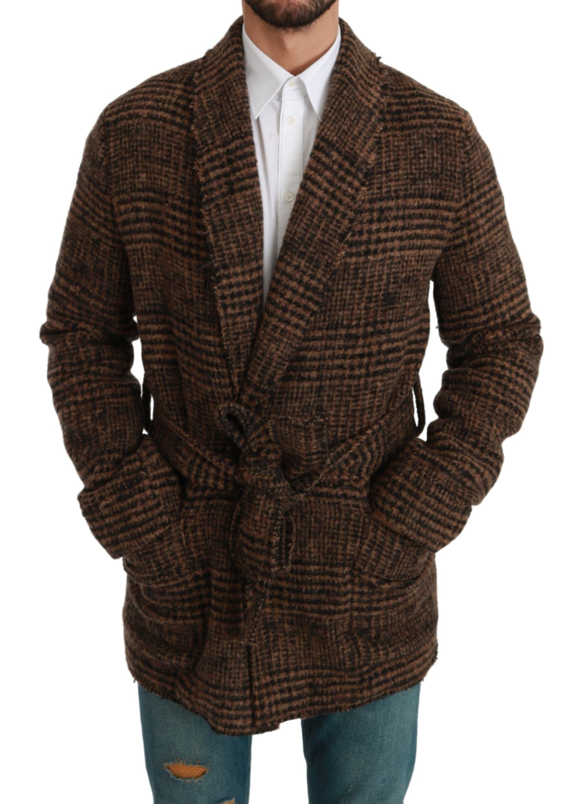 Dolce & Gabbana Brown Checkered Wool Robe Coat Wrap Men's Jacket