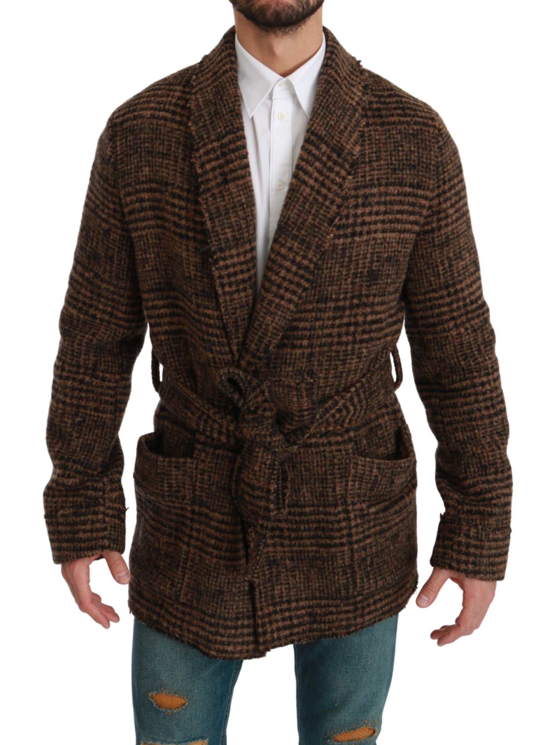 Dolce & Gabbana Brown Checkered Wool Robe Coat Wrap Men's Jacket
