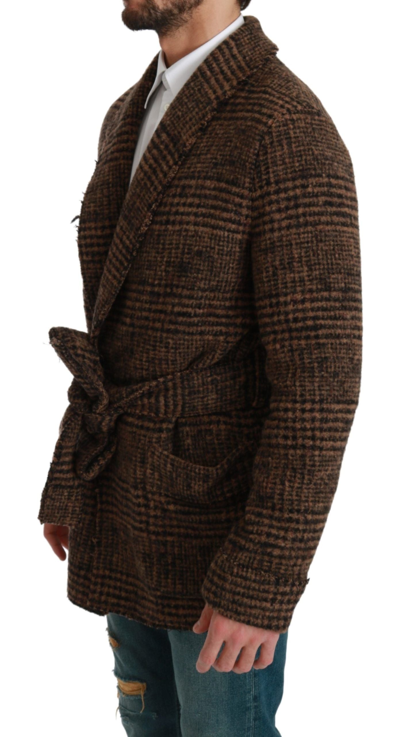 Dolce & Gabbana Brown Checkered Wool Robe Coat Wrap Men's Jacket