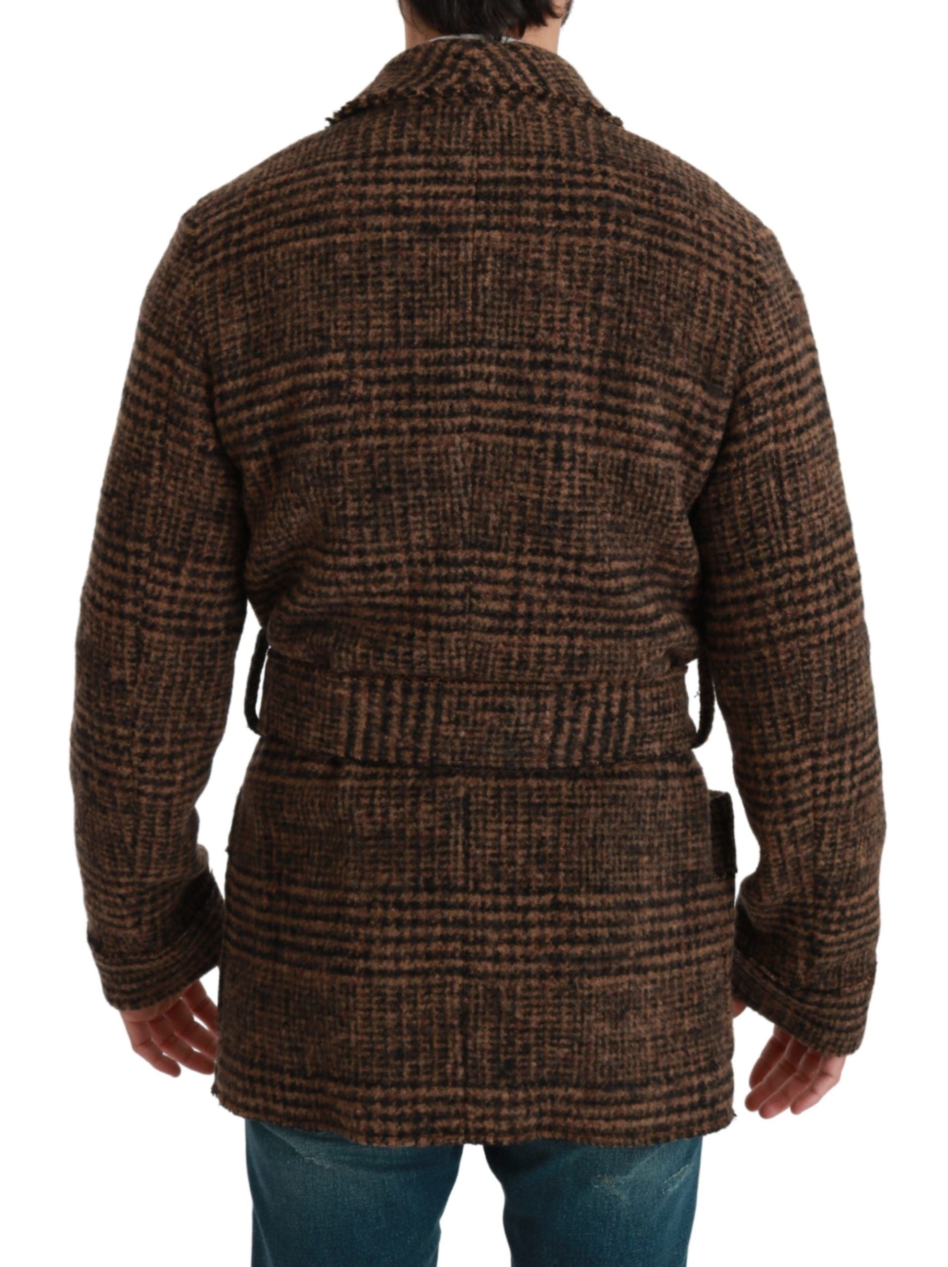 Dolce & Gabbana Brown Checkered Wool Robe Coat Wrap Men's Jacket