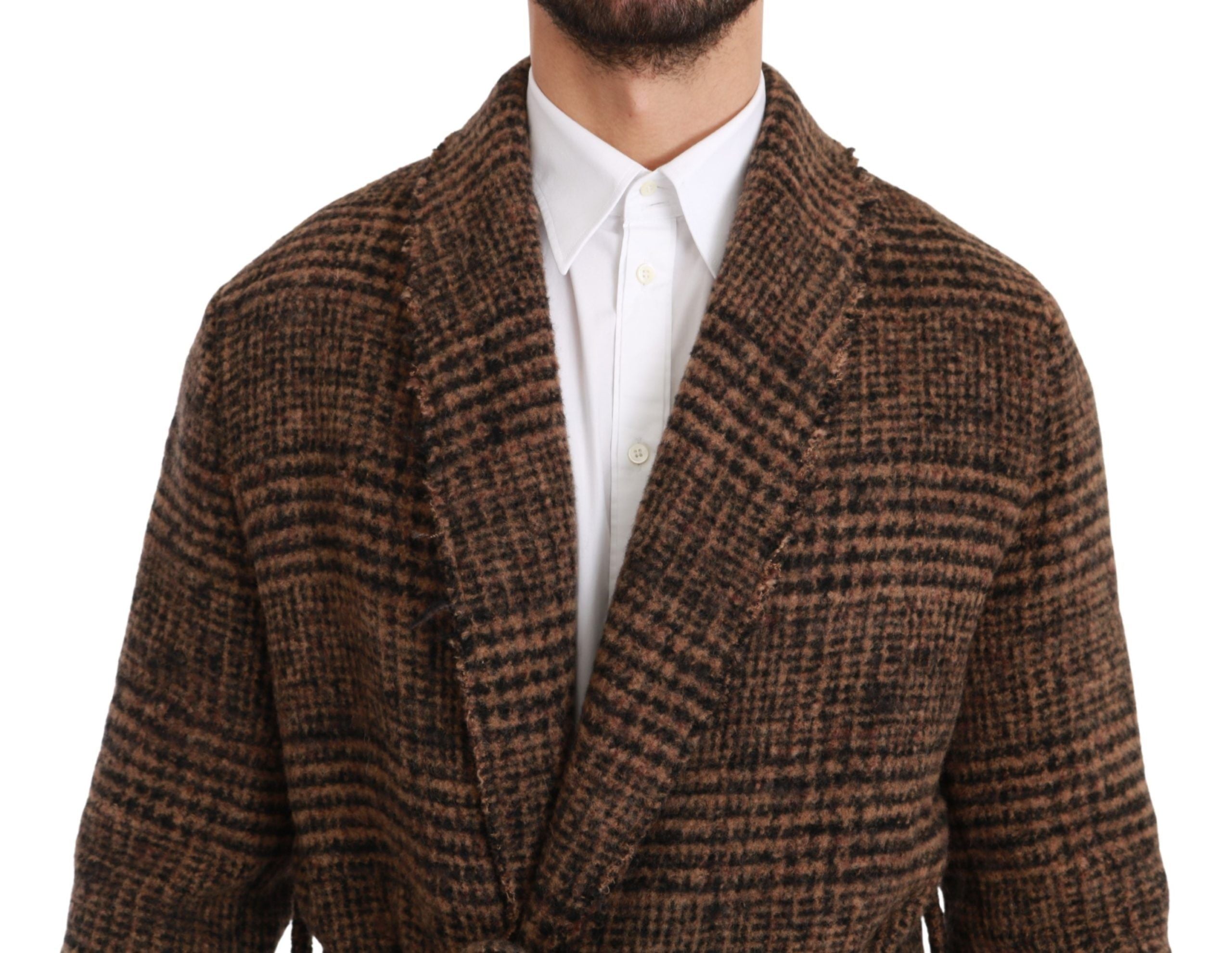 Dolce & Gabbana Brown Checkered Wool Robe Coat Wrap Men's Jacket