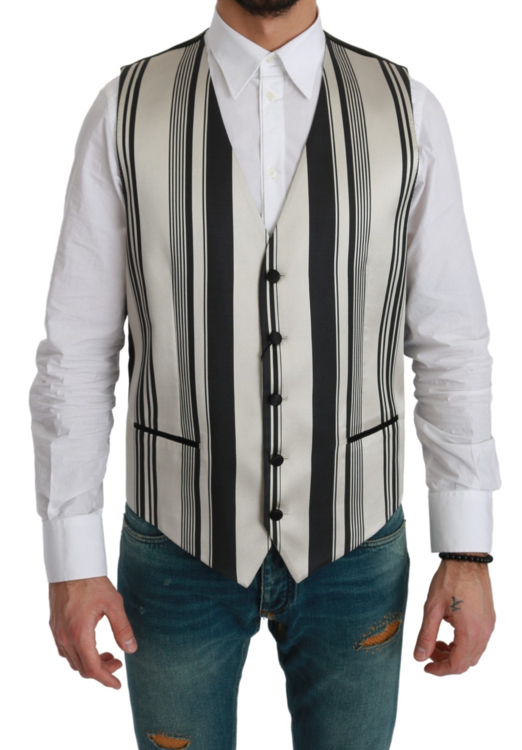 Dolce & Gabbana White Gray Black Stripes Waistcoat Formal Men's Vest