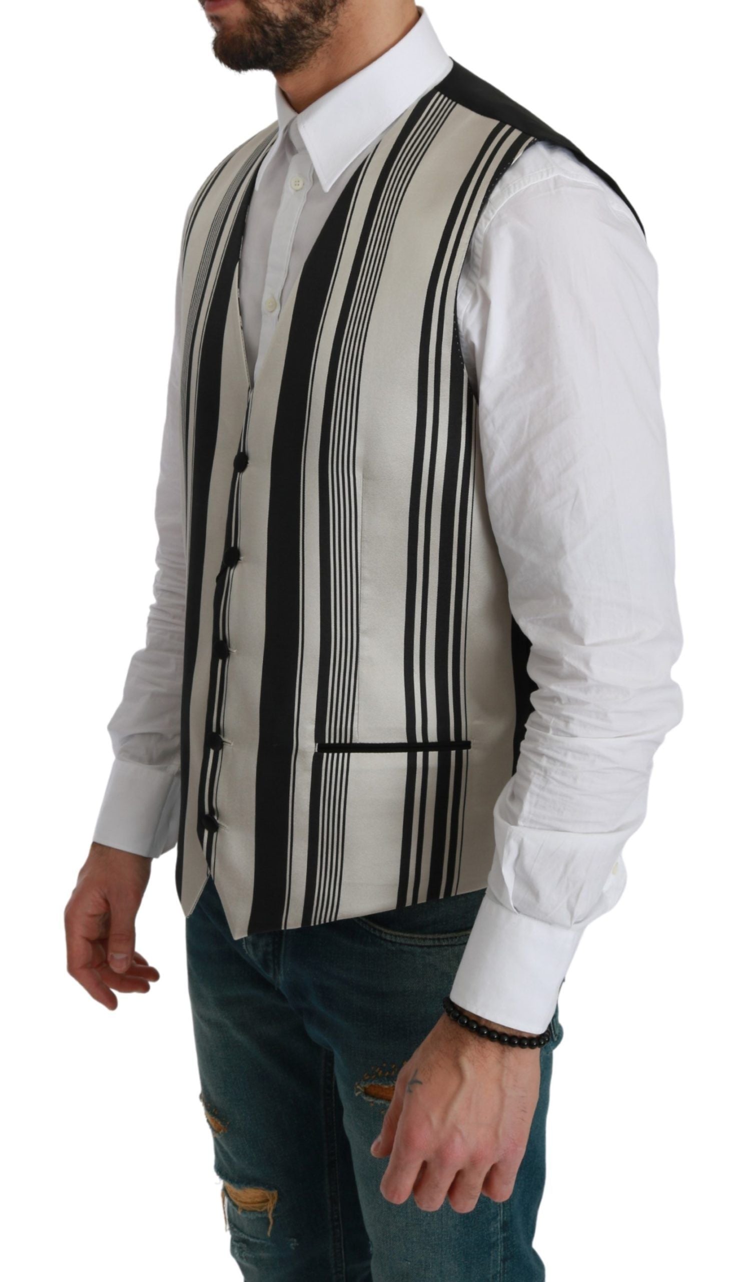 Dolce & Gabbana White Gray Black Stripes Waistcoat Formal Men's Vest