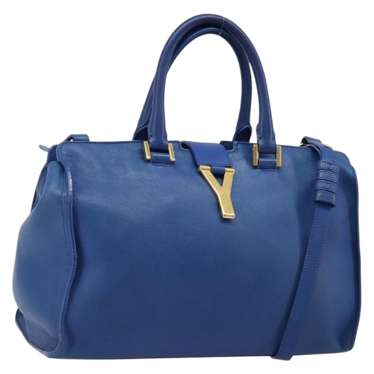 Saint Laurent Classic Y Cabas Leather Blue Leather Tote Bag Bag (Pre-Owned)