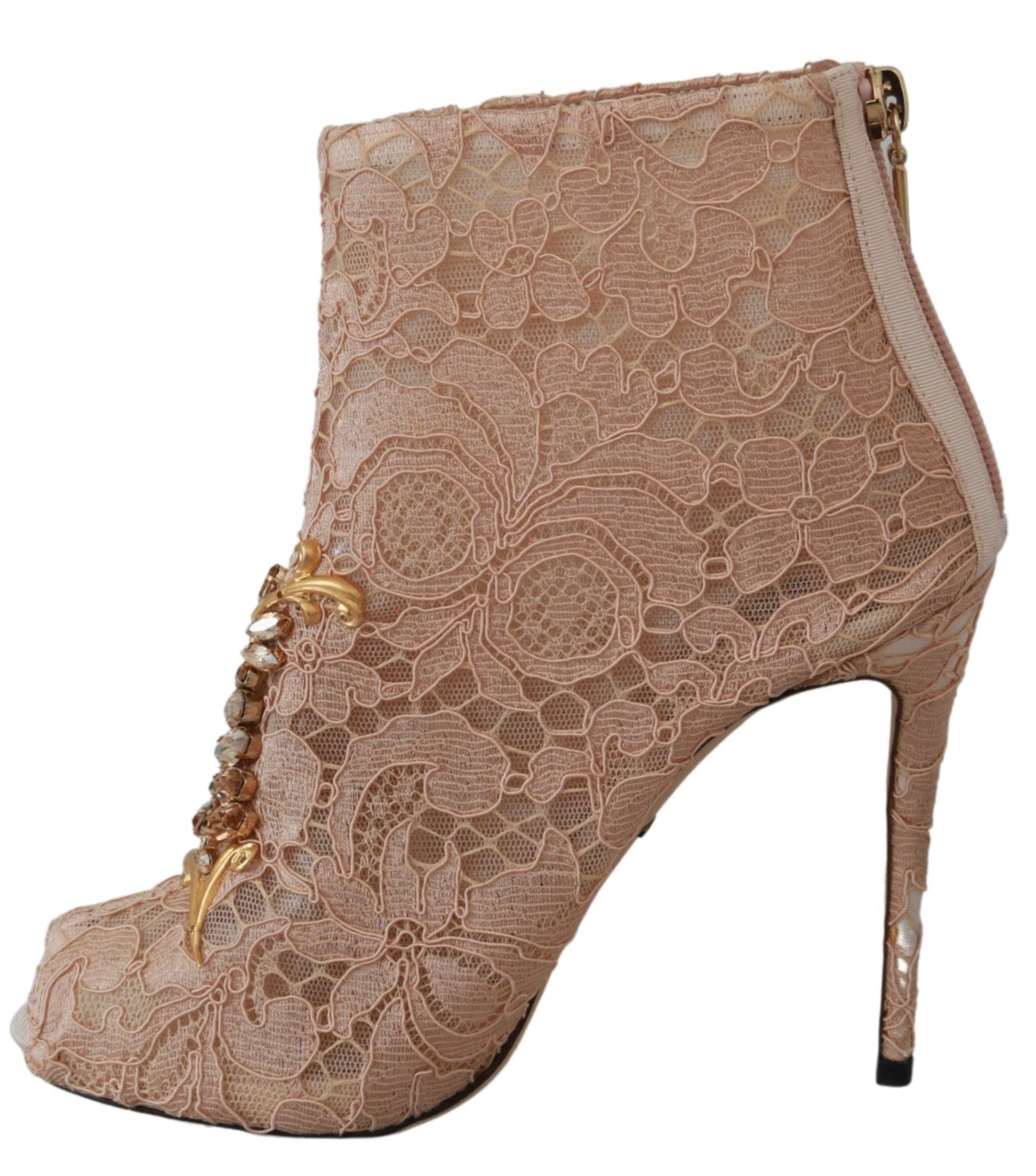 Dolce & Gabbana Pink Crystal Lace Booties Stilettos Women's Shoes