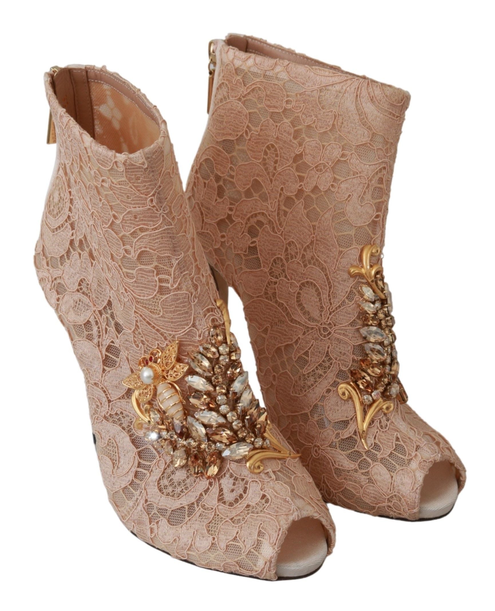 Dolce & Gabbana Pink Crystal Lace Booties Stilettos Women's Shoes