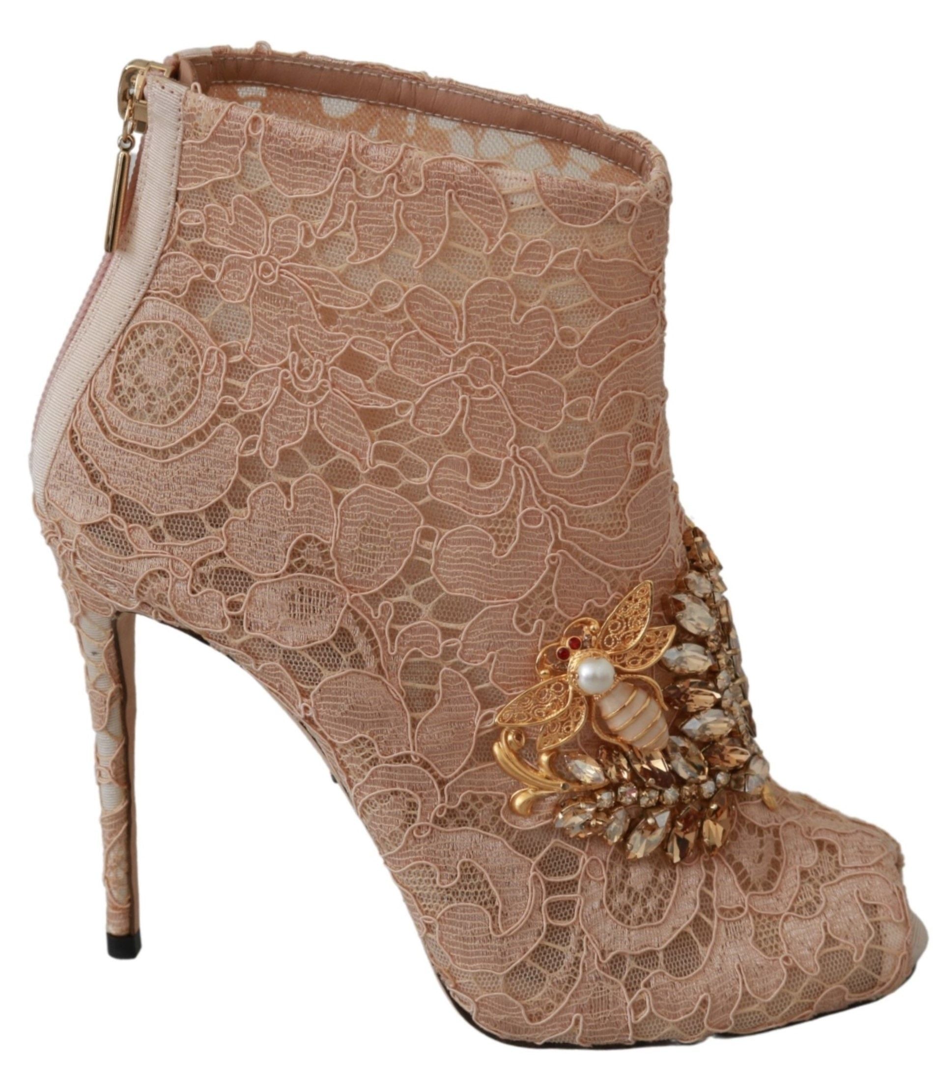 Dolce & Gabbana Pink Crystal Lace Booties Stilettos Women's Shoes