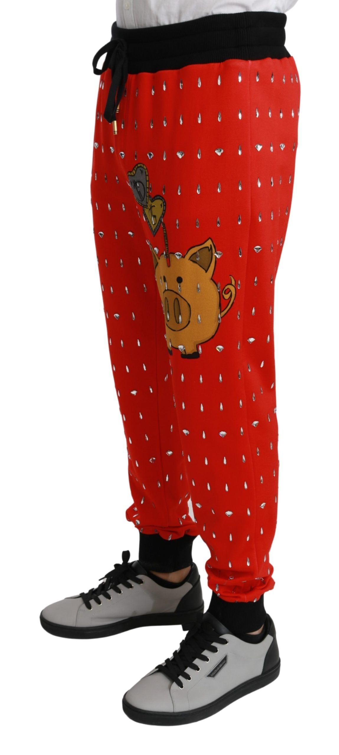 Dolce & Gabbana Red Piggy Bank Cotton Crystal Trousers Men's Pants