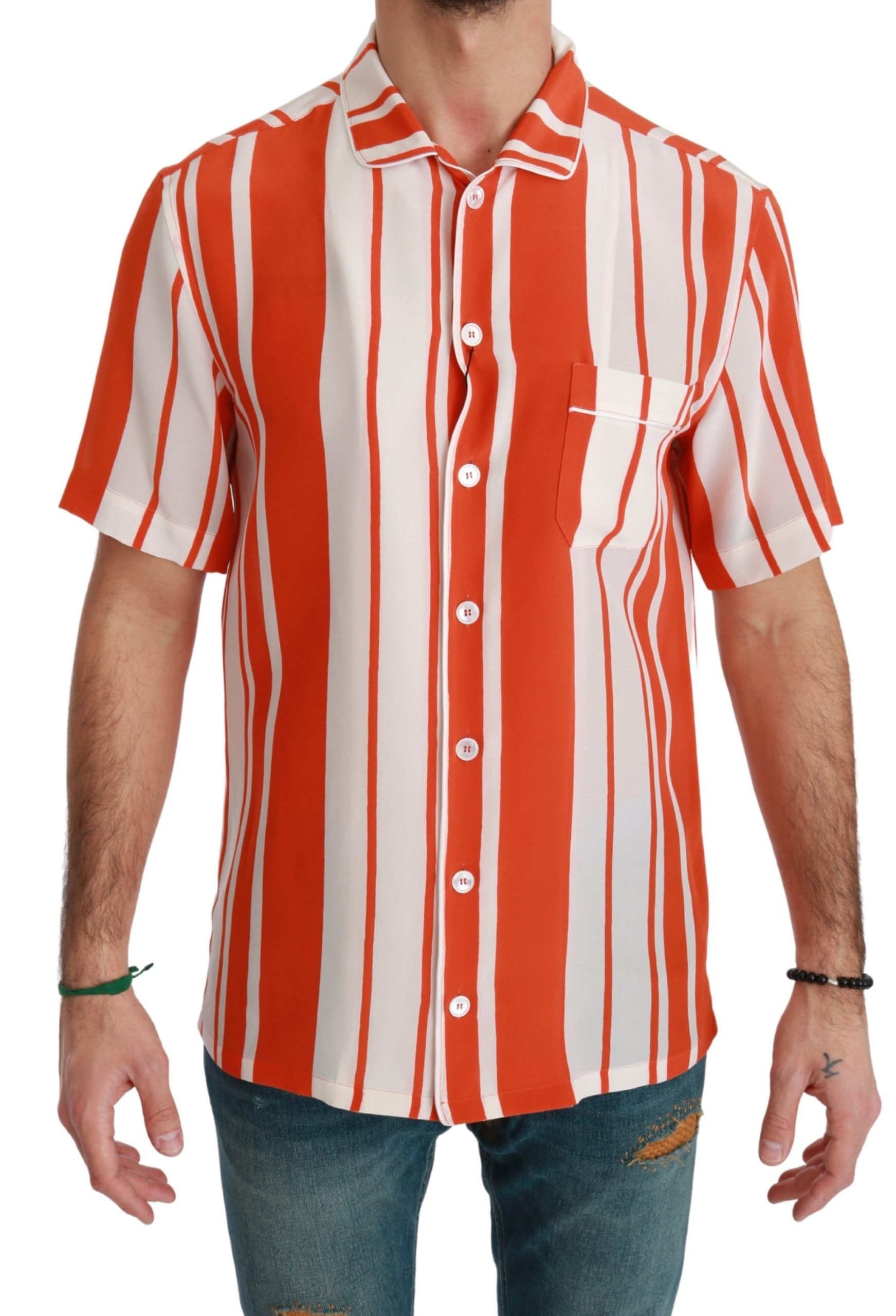 Dolce & Gabbana Orange Silk Striped Short Sleeve White Men's Shirt